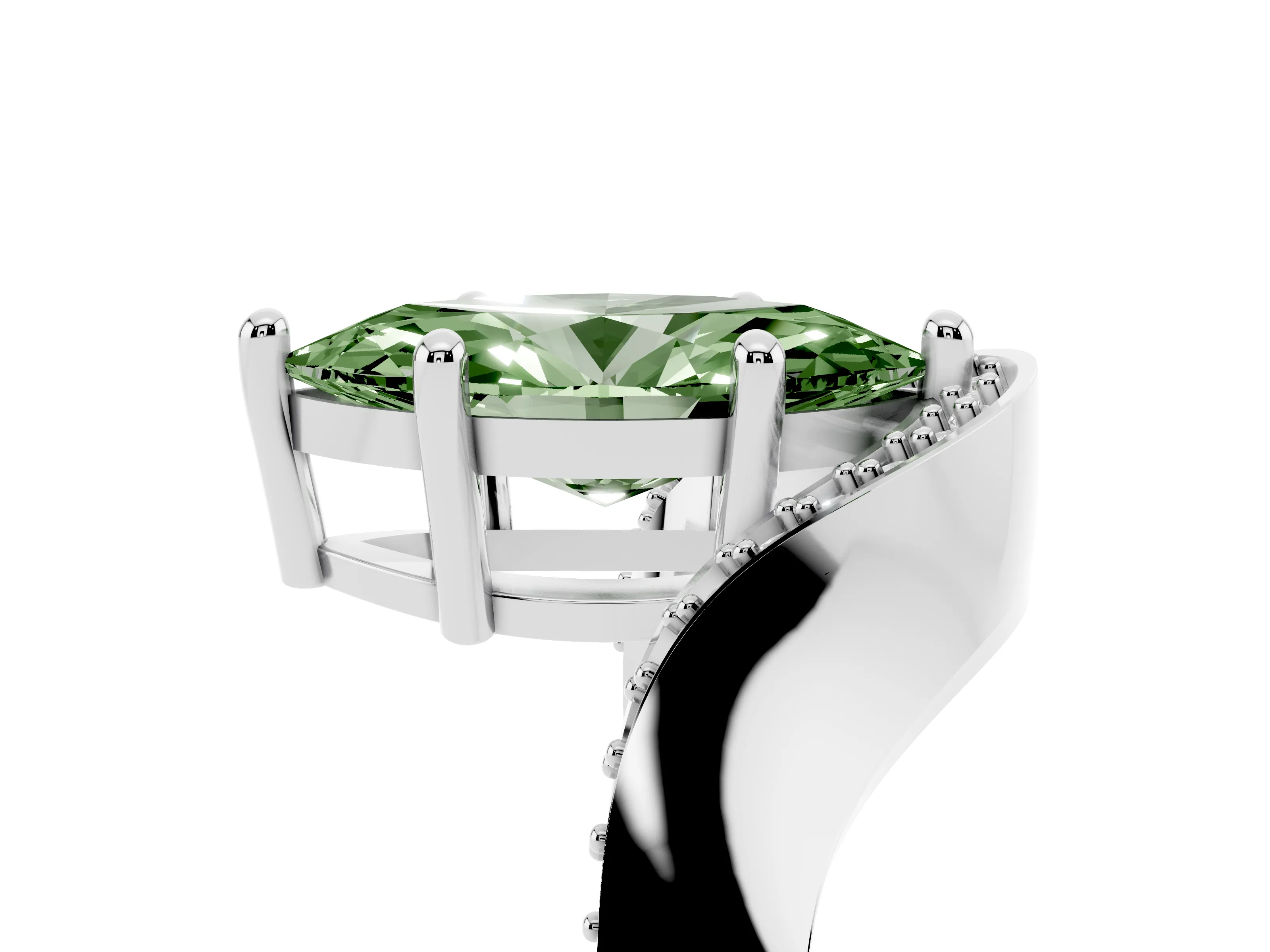 Fancy Green Marquise Cut Diamond Solitaire Engagement Ring Set in Silver with Pavé Shoulders
