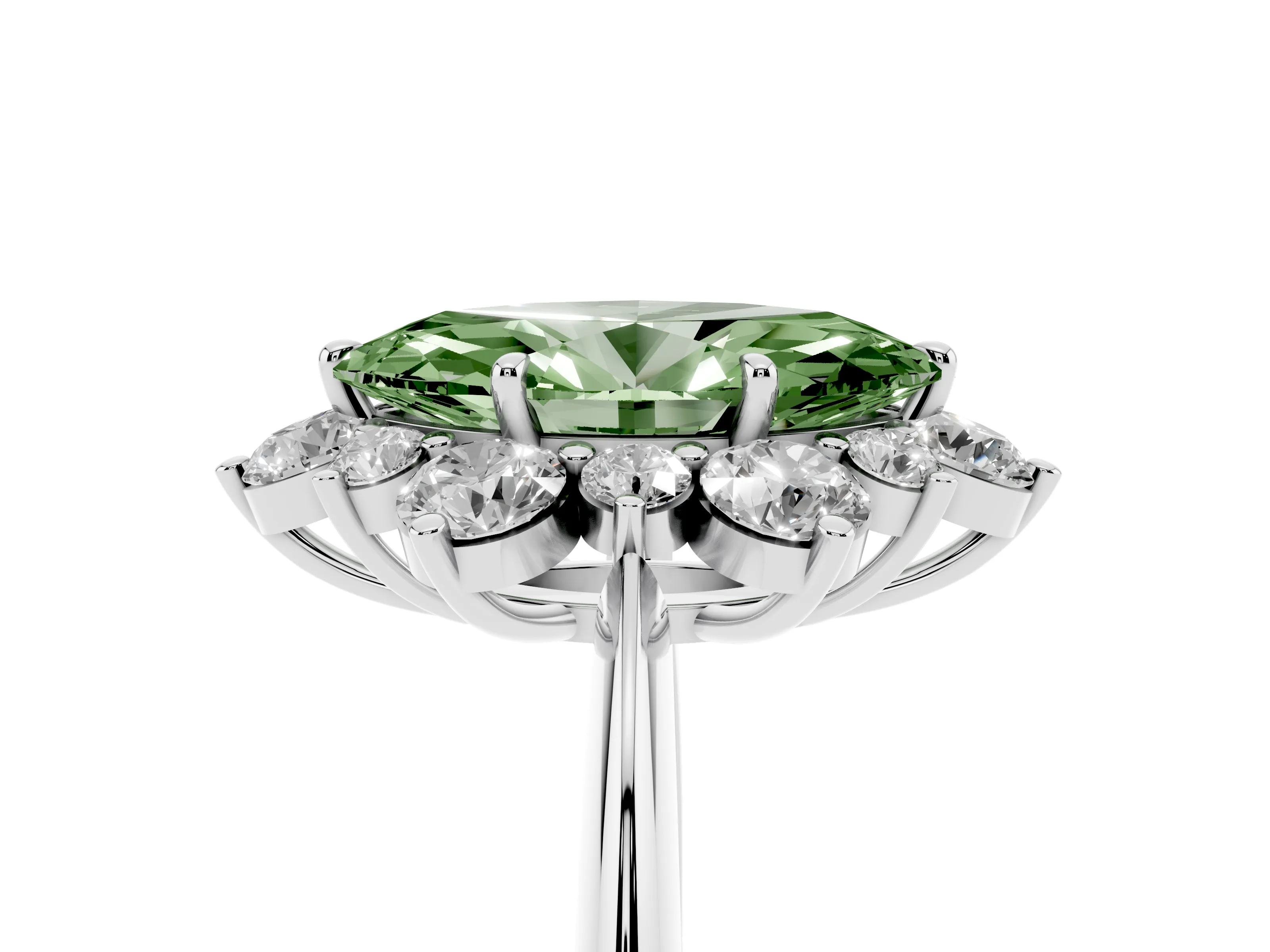 Fancy Green Marquise Cut Diamond Cluster Halo Ring Set in White gold with Solitaire Band and Prong Setting