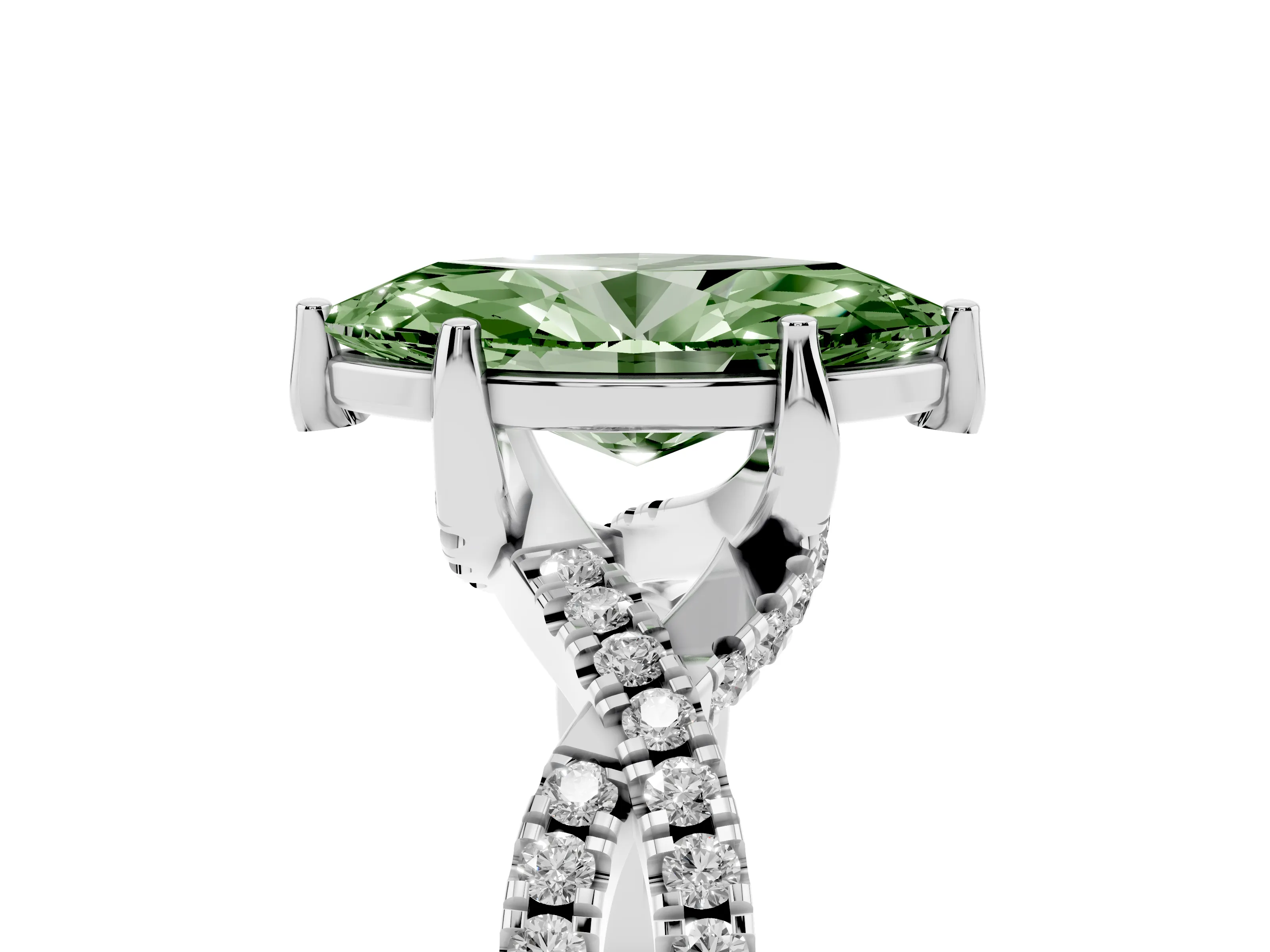 Fancy Green Marquise Cut Diamond Twist Pavé Solitaire Engagement Ring Set in White gold with Prong Setting