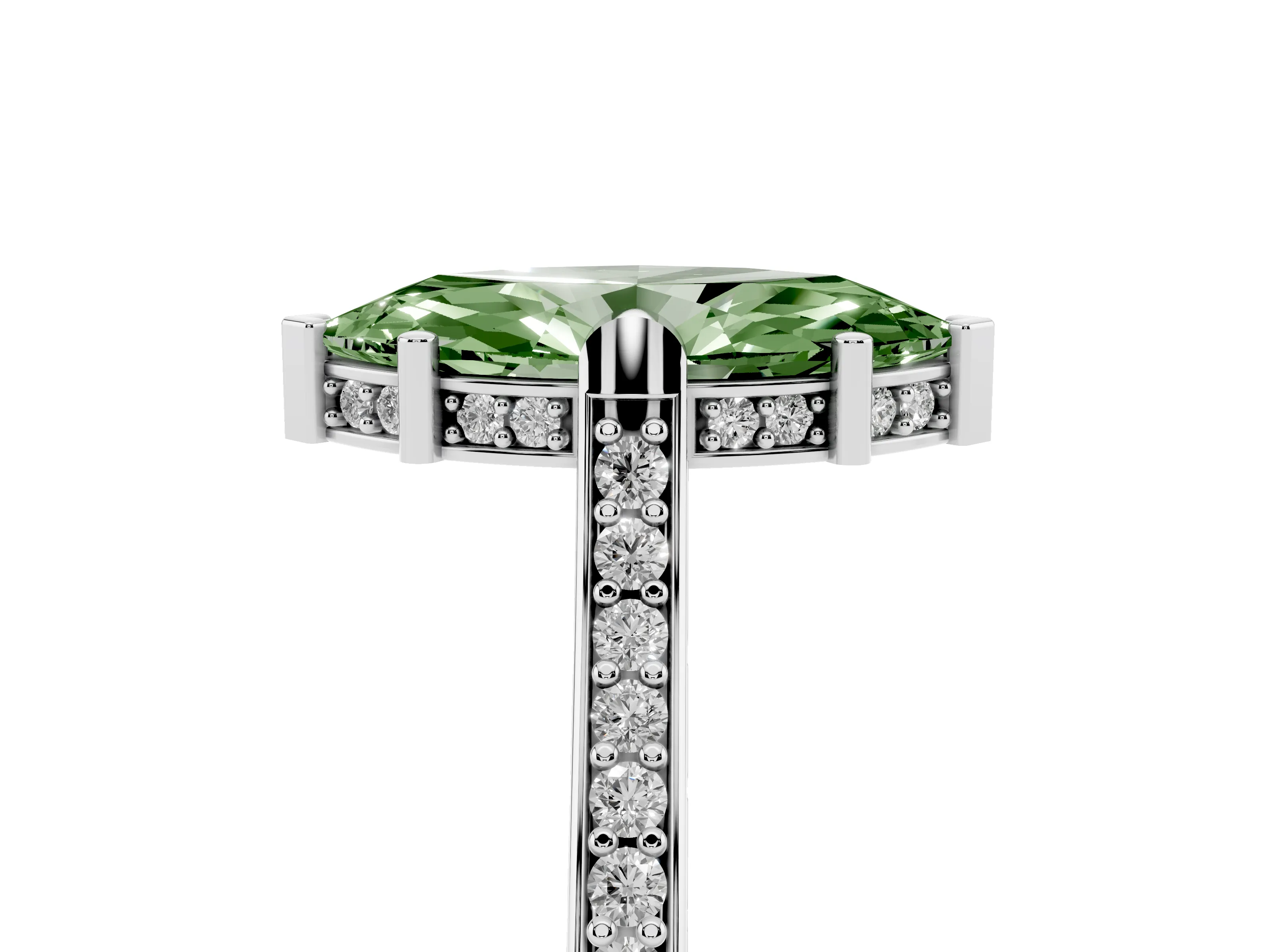 Fancy Green Marquise Cut Diamond Solitaire Ring Set in Silver with Channel Set Band and Bezel Prong Setting