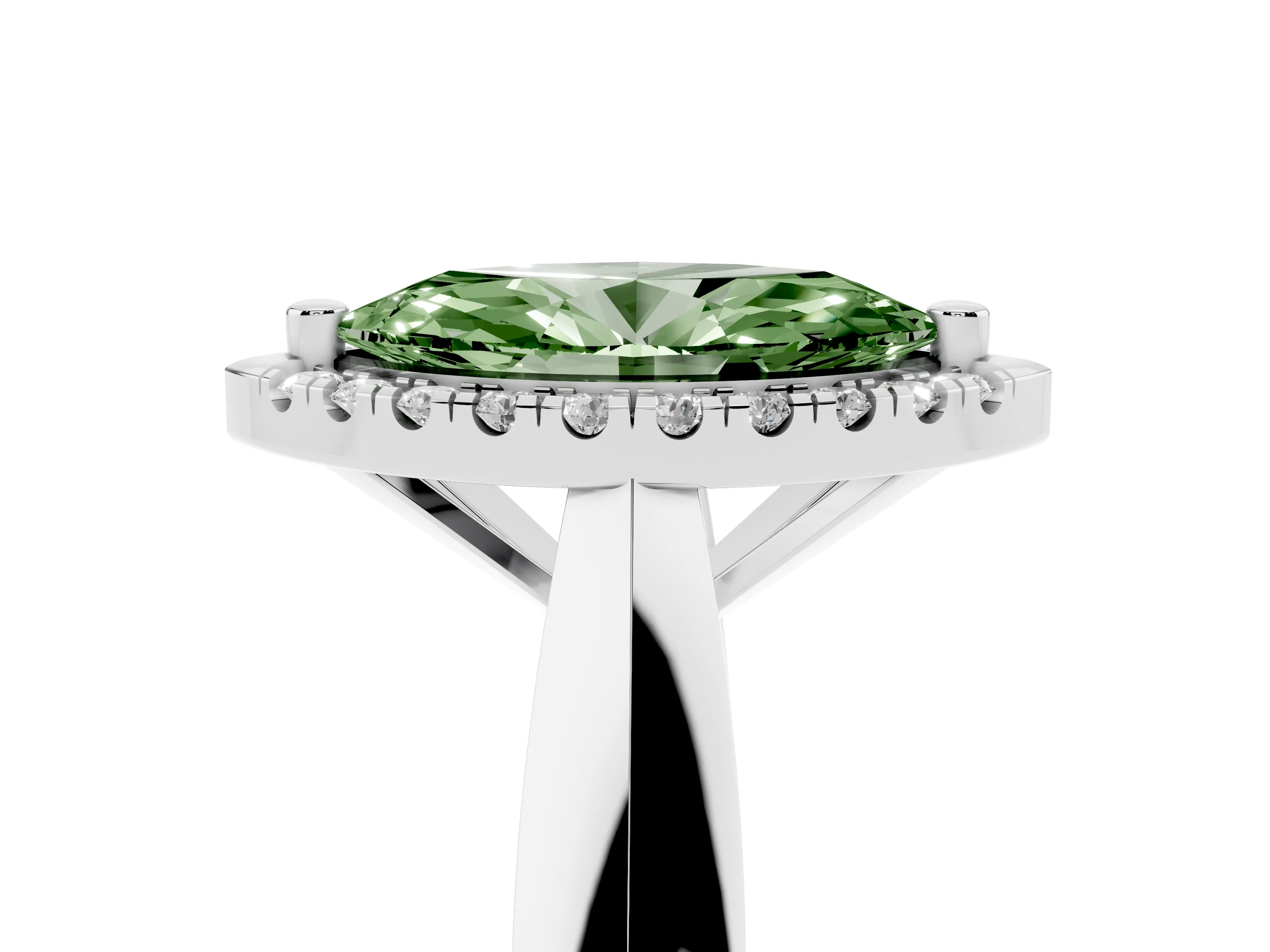 Fancy Green Marquise Cut Diamond Halo Solitaire Engagement Ring Set in Platinum with Square Band and Prong Setting