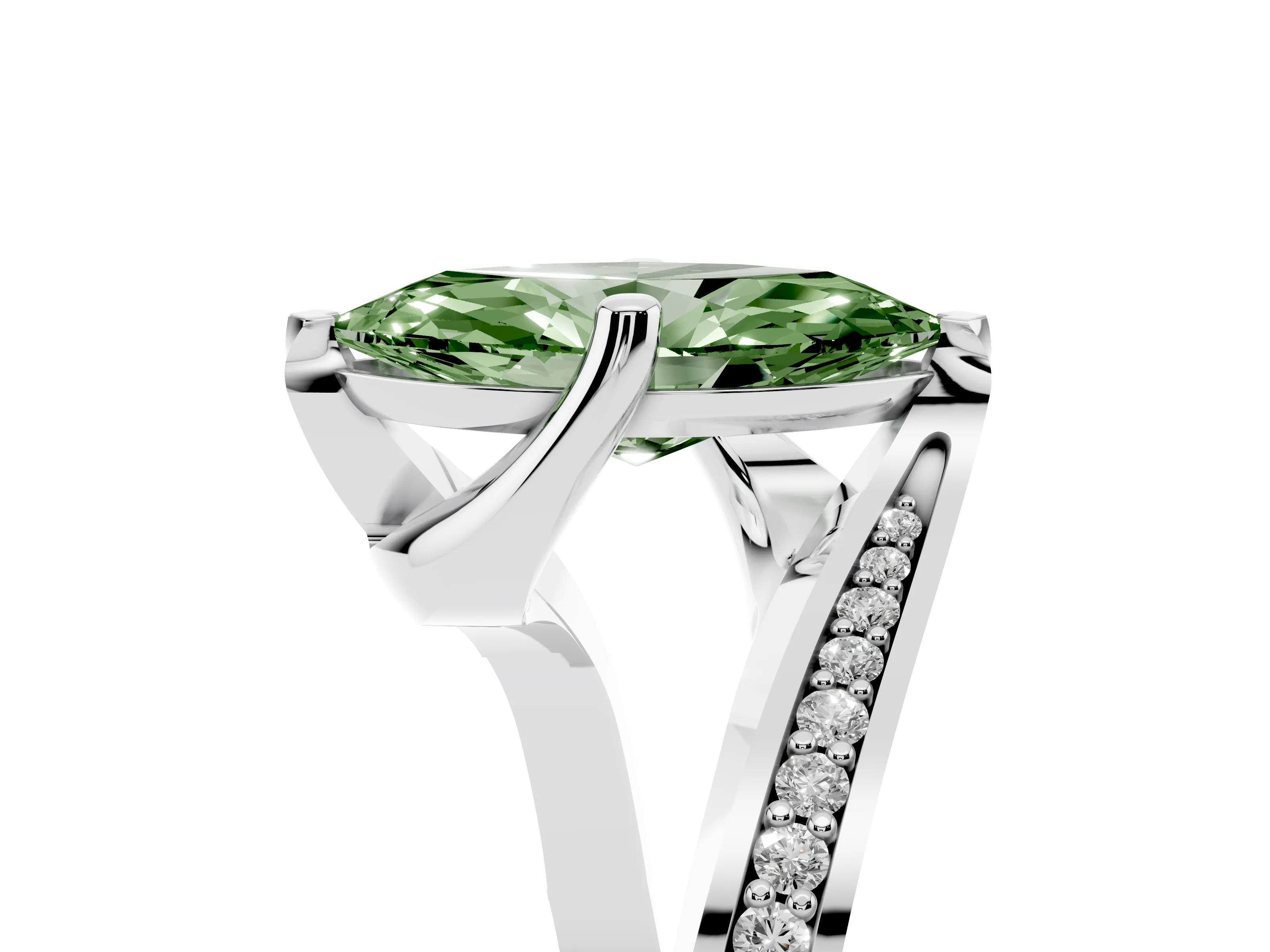 Fancy Green Marquise Cut Diamond Solitaire Ring Set in Silver with Intertwined Pavé Twist Band