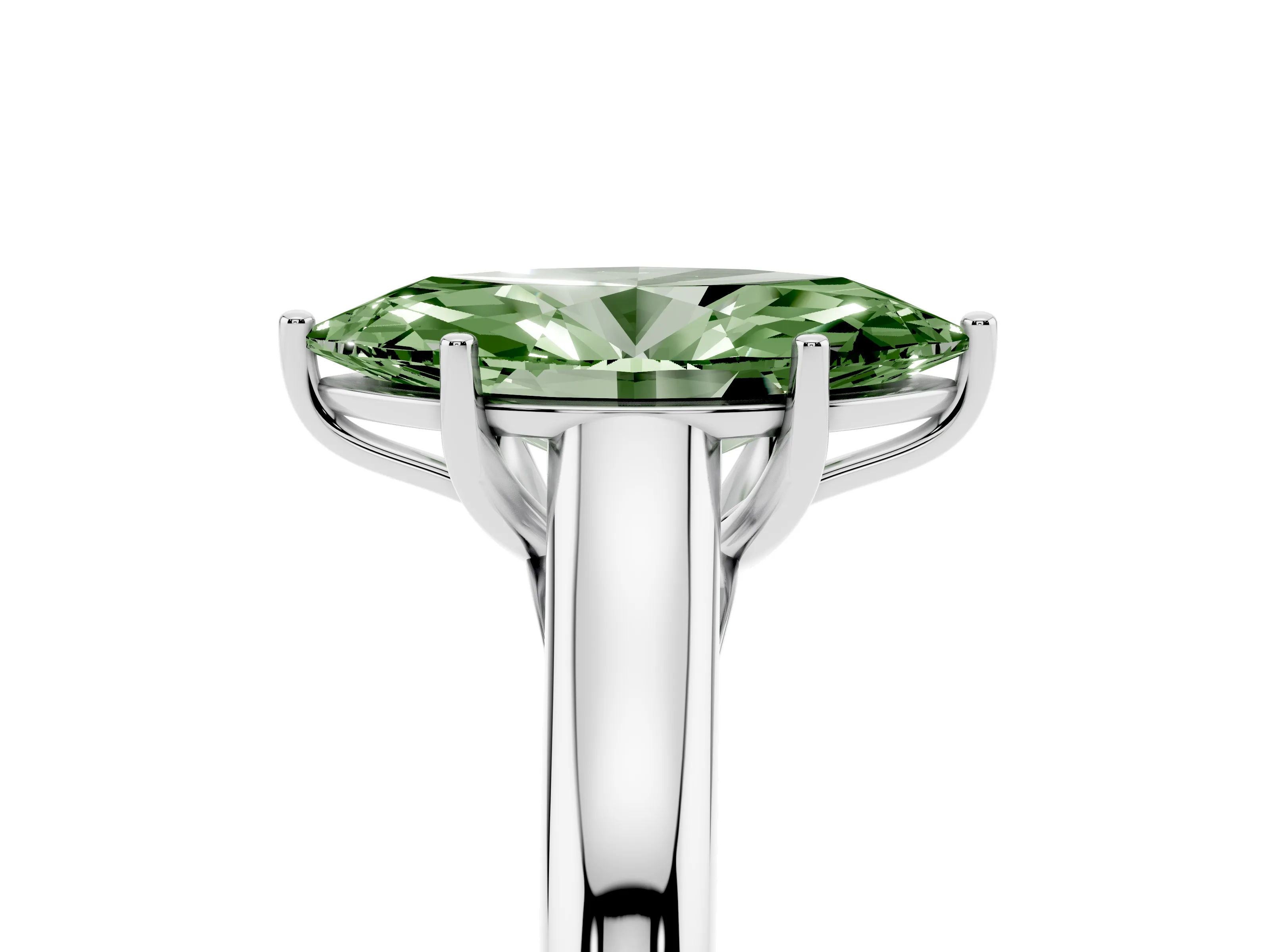 Fancy Green Marquise Cut Diamond Solitaire Engagement Ring Set in White gold with Subtly Tapered Band and Prong Setting