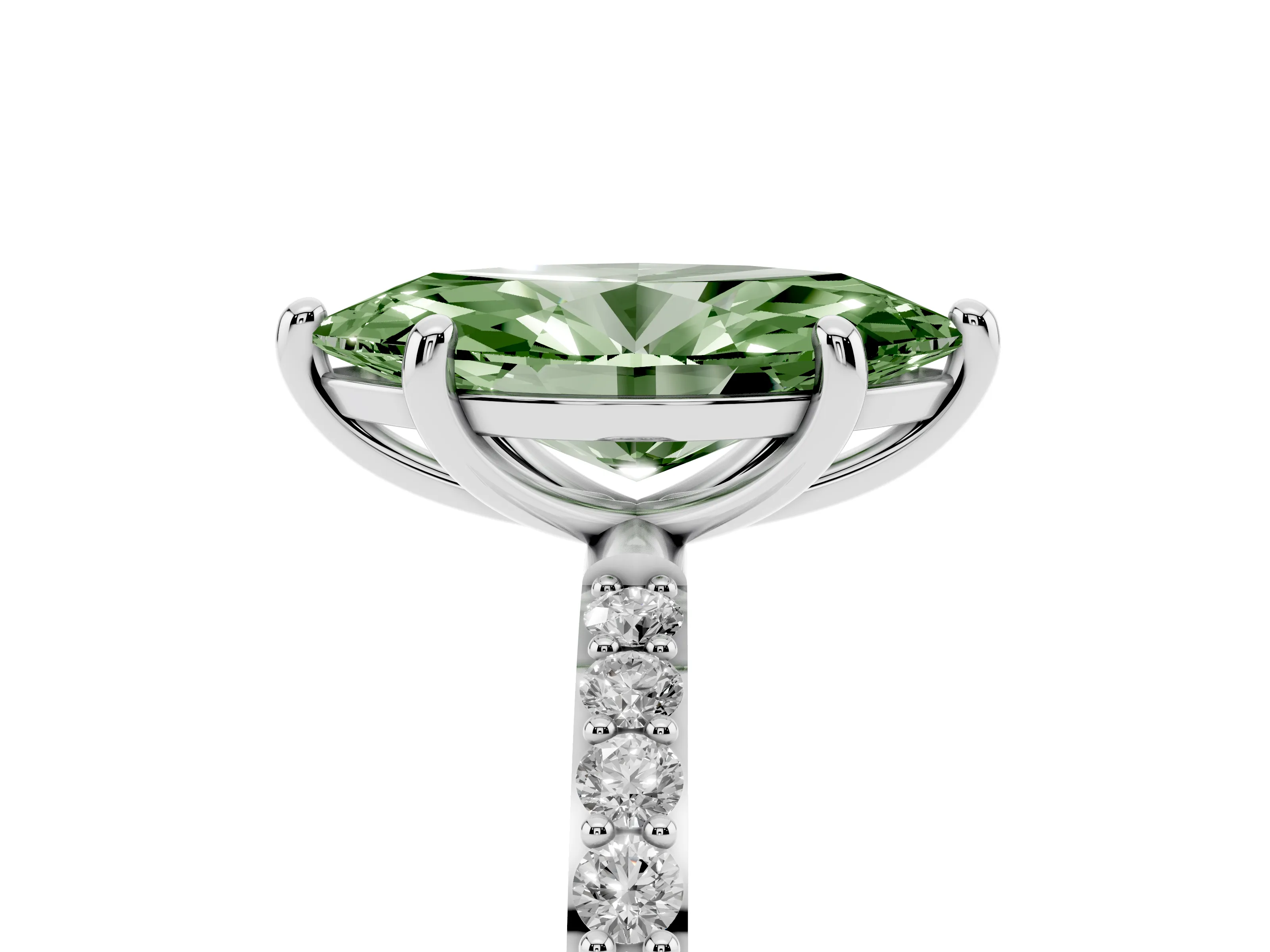 Fancy Green Marquise Cut Diamond Solitaire Ring Set in Silver with Round Pavé Band and Prong Setting