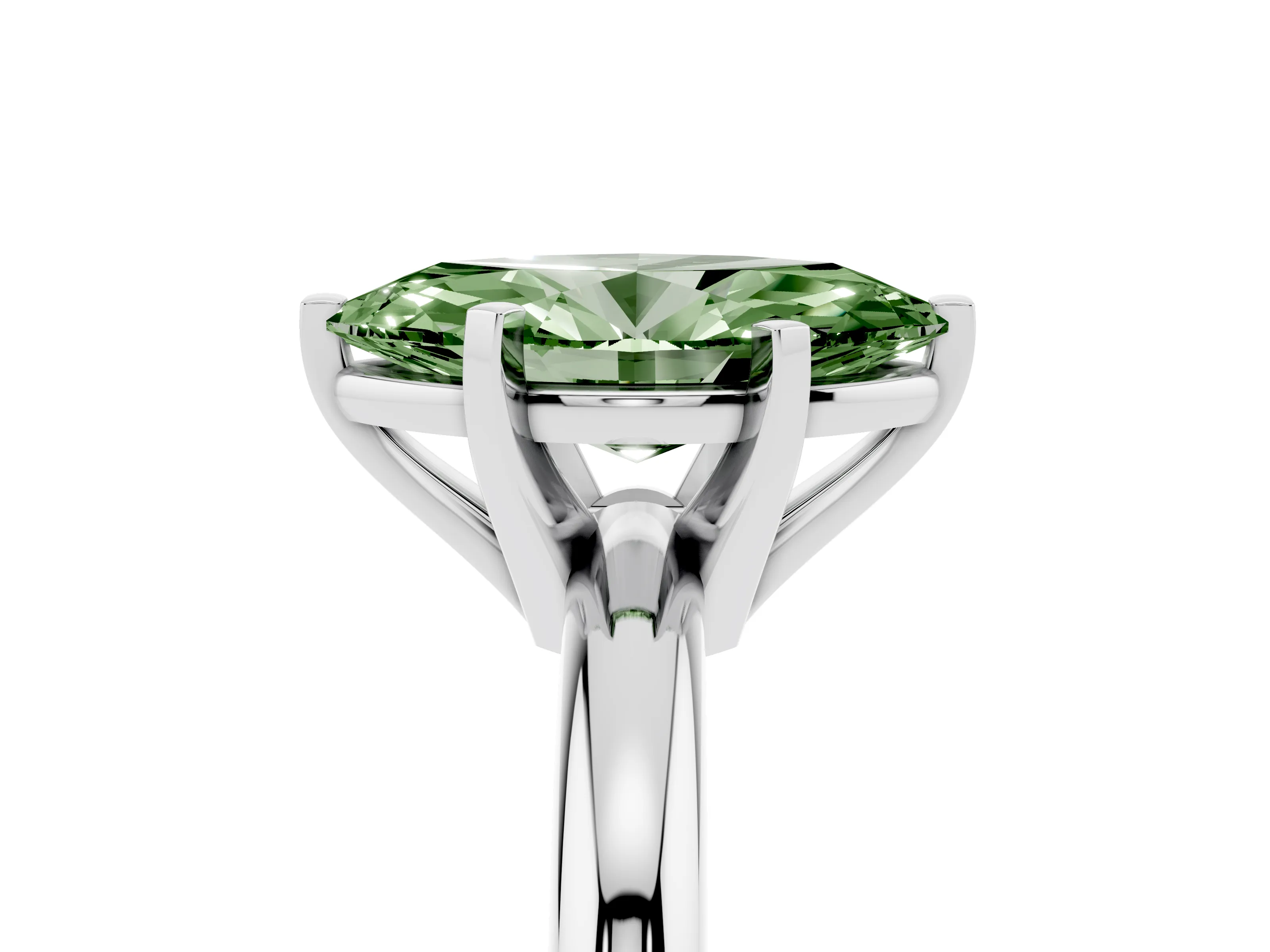 Fancy Green Marquise Cut Diamond Solitaire Engagement Ring Set in White gold with Round Band and Prong Setting