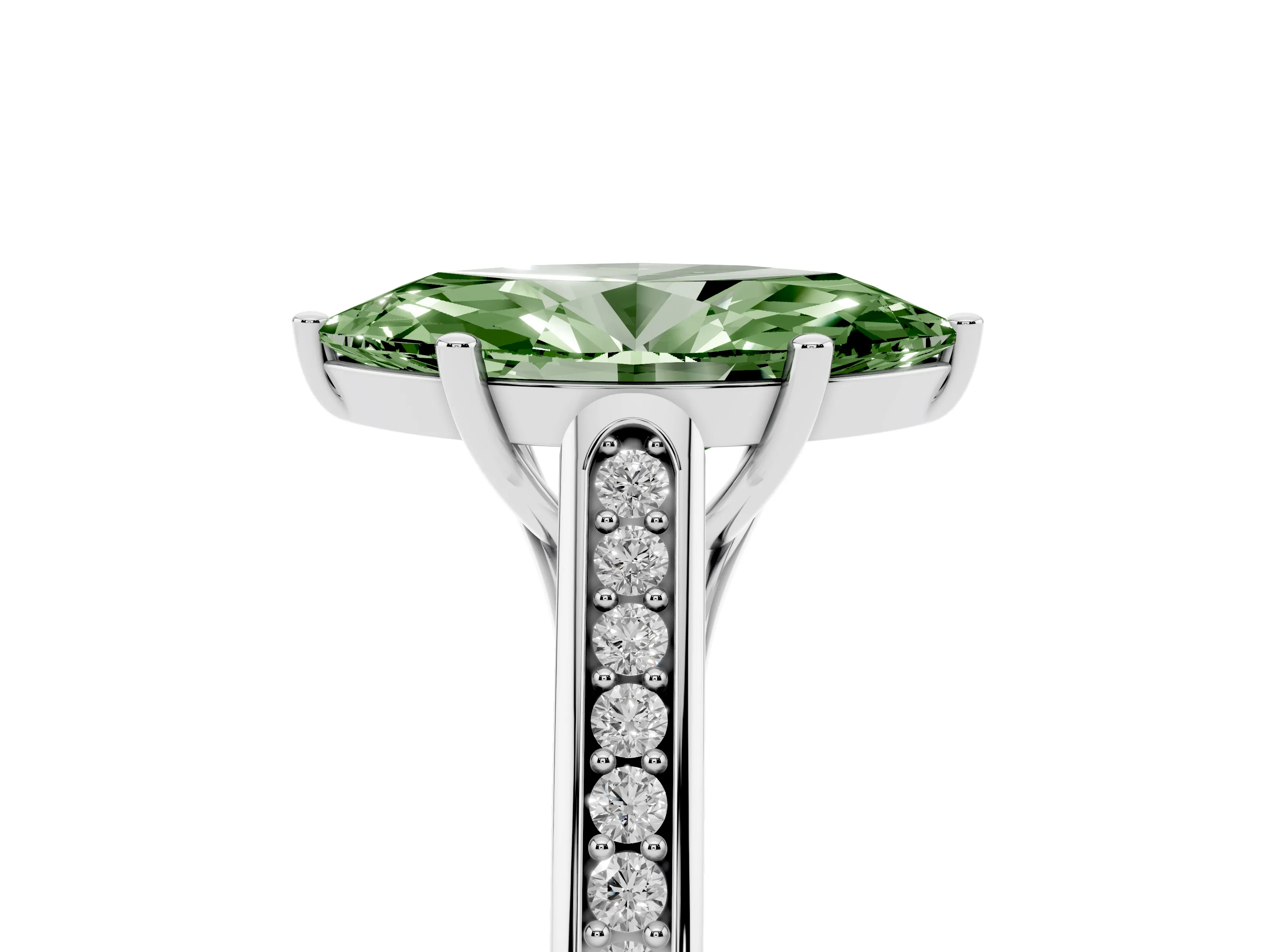 Fancy Green Marquise Cut Diamond Solitaire Cathedral Engagement Ring Set in White gold with Channel-Set Band and Prong Setting