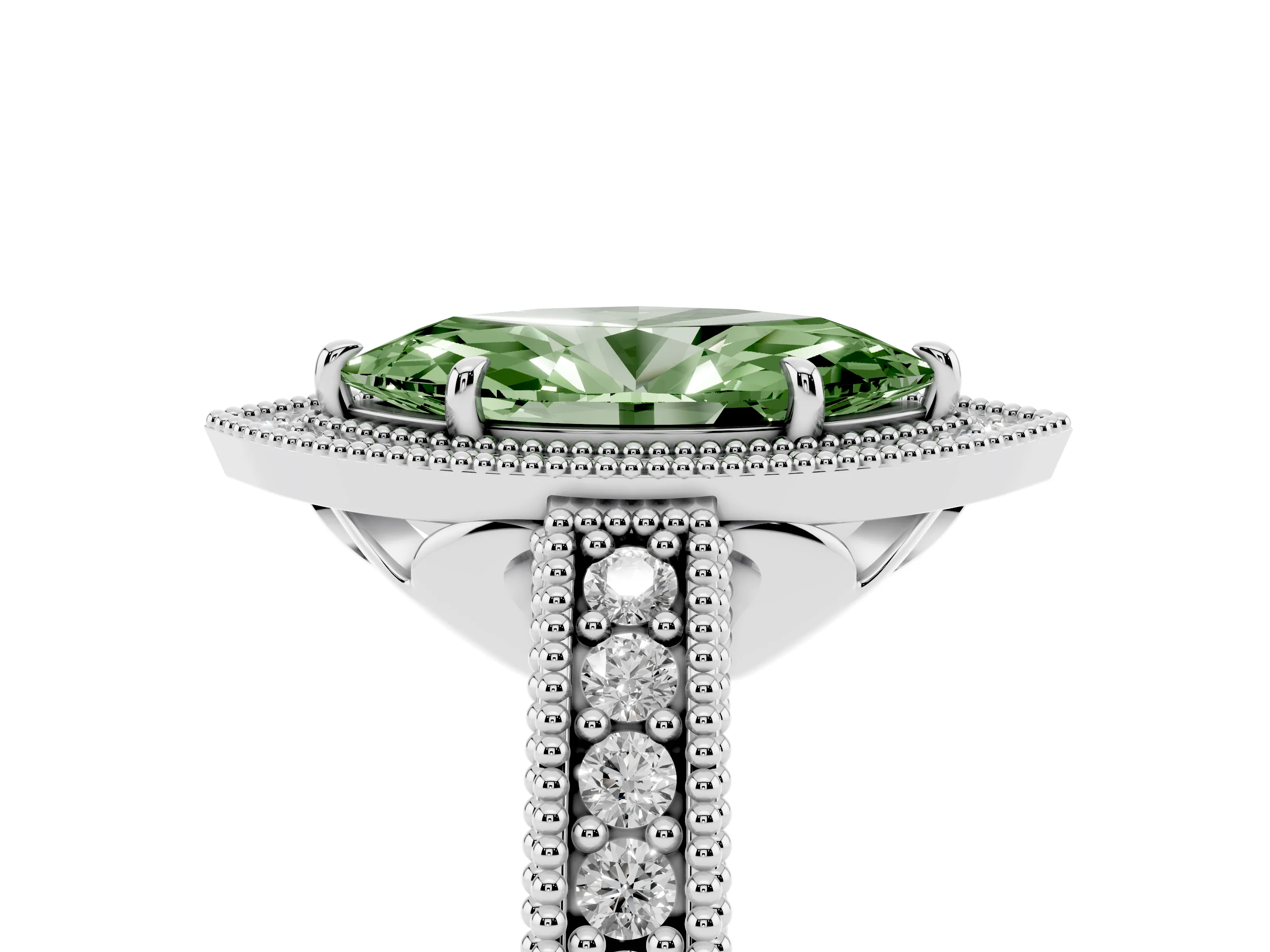 Fancy Green Marquise Cut Diamond Halo Ring Set in White gold with Round Accent Halo, Pavé Band and Prong Setting