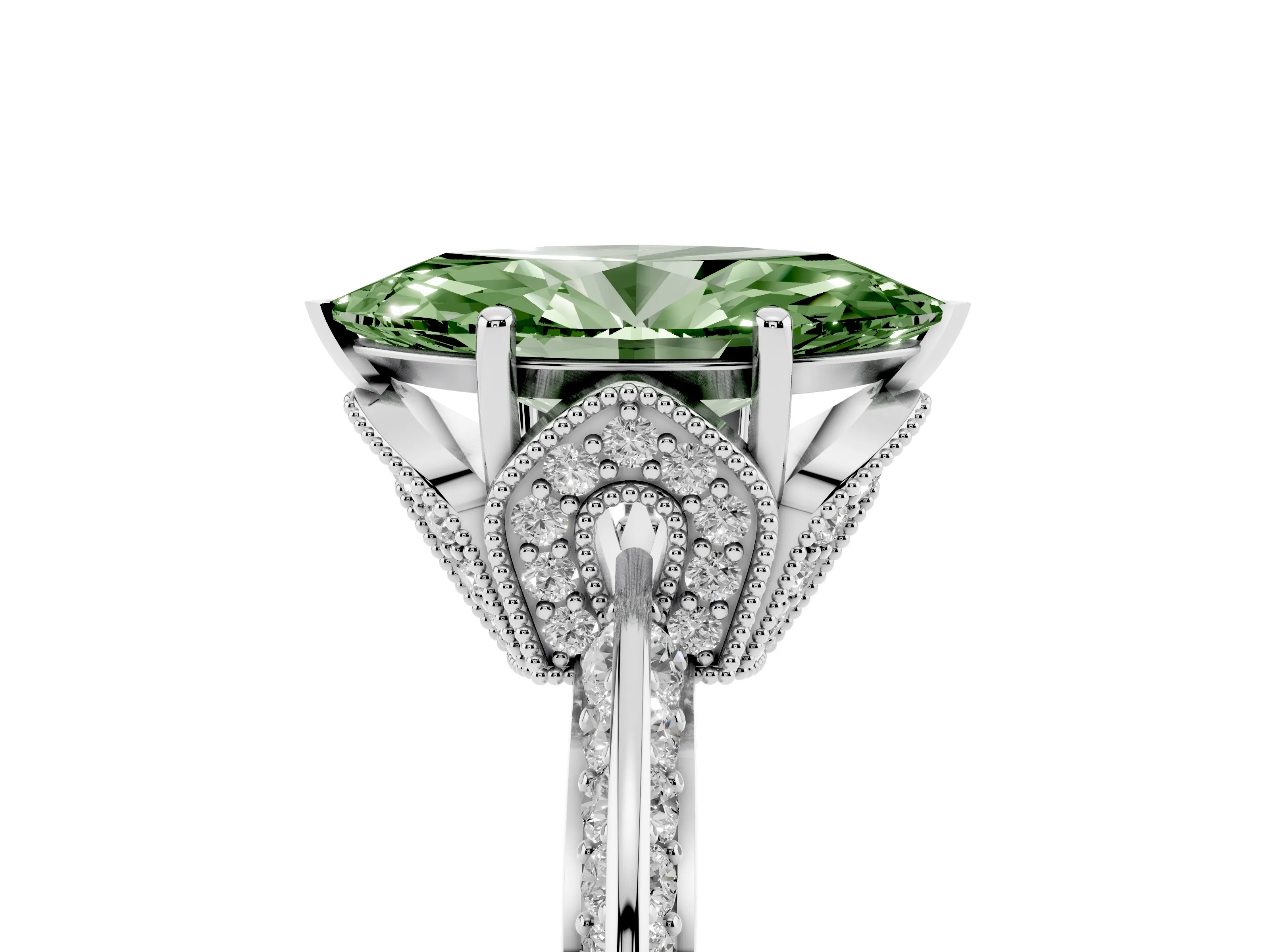 Fancy Green Marquise Cut Diamond Solitaire Engagement Ring Set in Silver with Pavé Split Shank and Prong Setting
