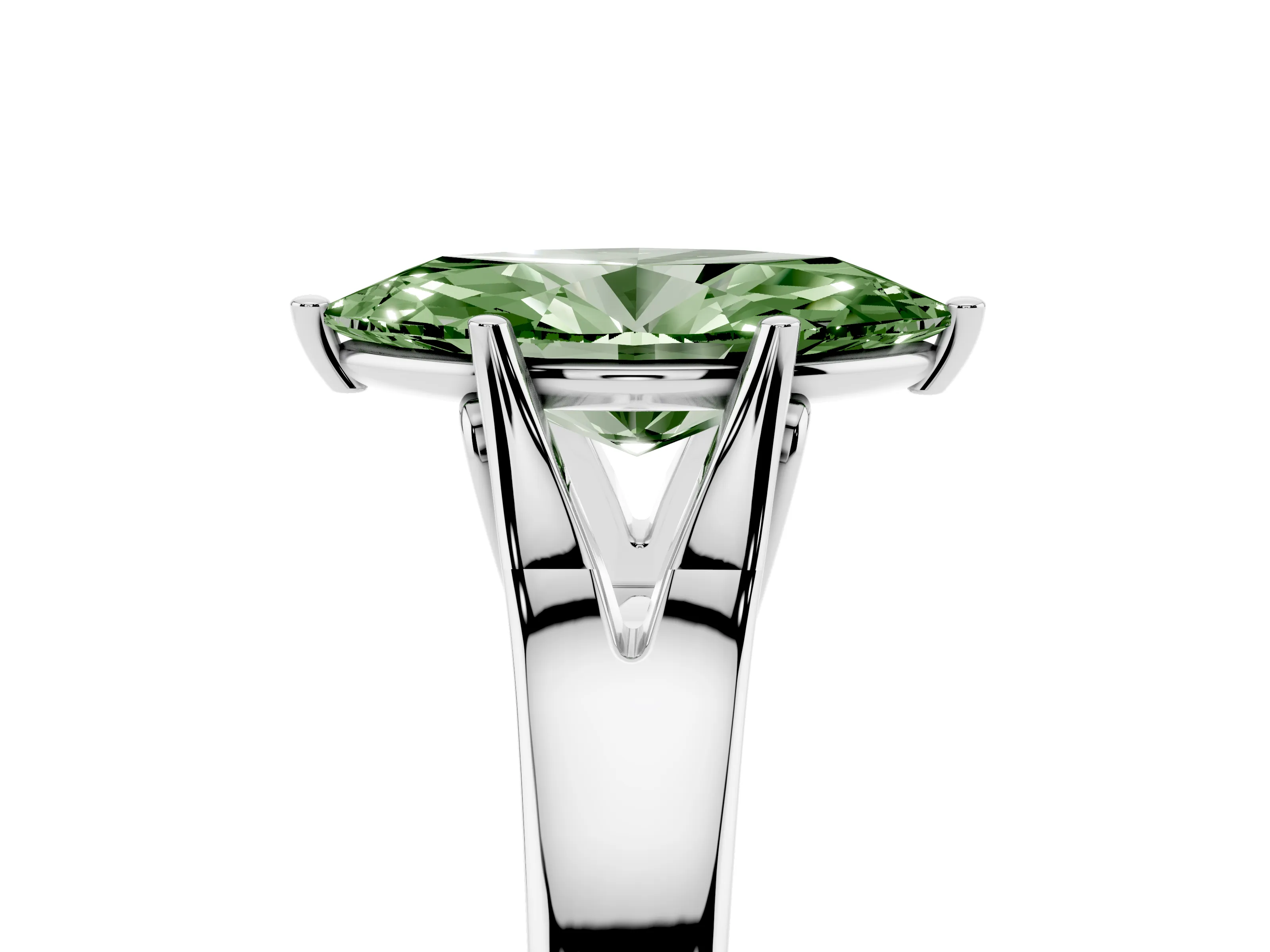 Fancy Green Marquise Cut Diamond Solitaire Ring Set in White gold with Arched Cathedral Band and Prong Setting