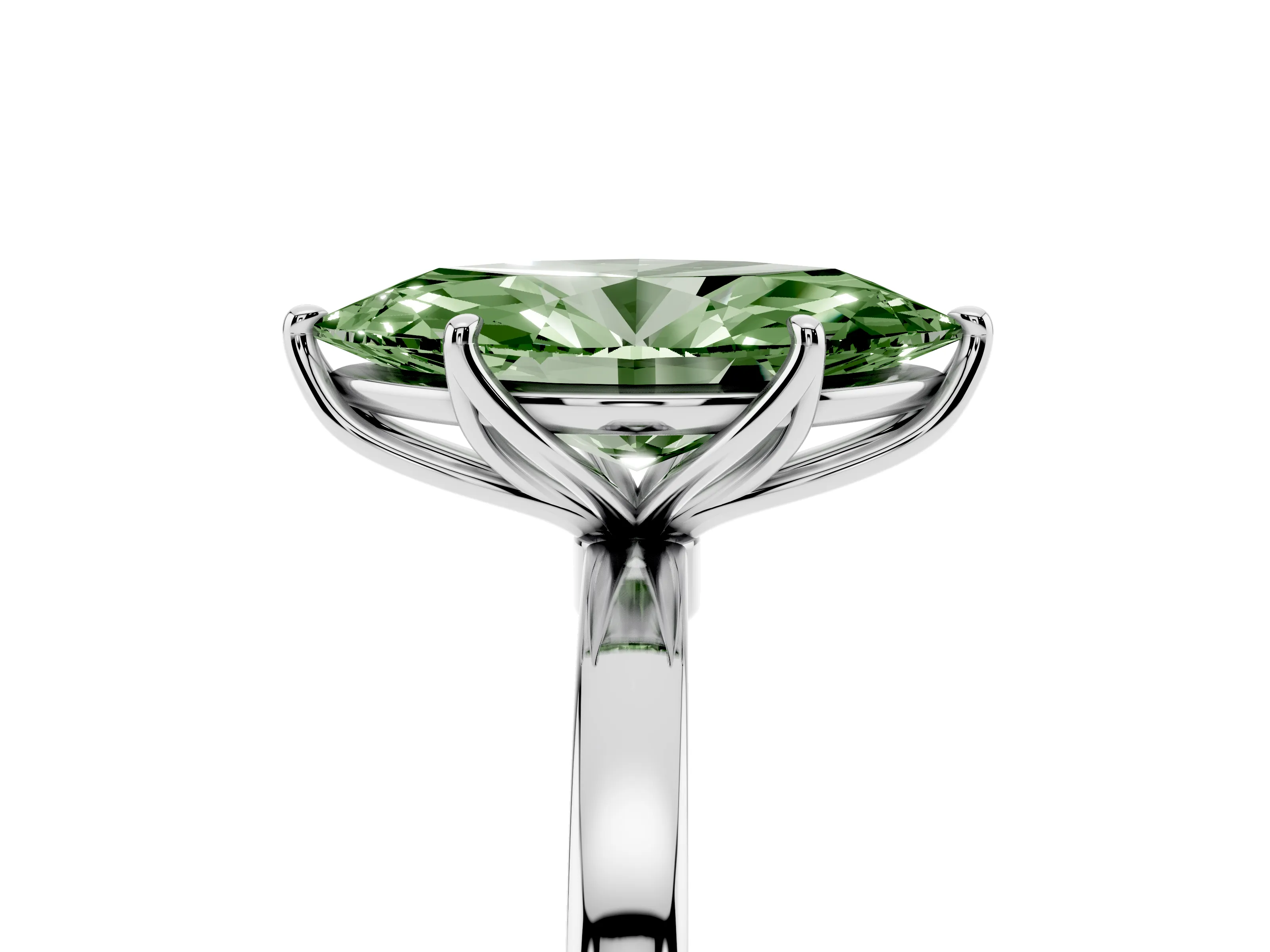 Fancy Green Marquise Cut Diamond Solitaire Ring Set in White gold with Prong Setting and Thin Polished Band