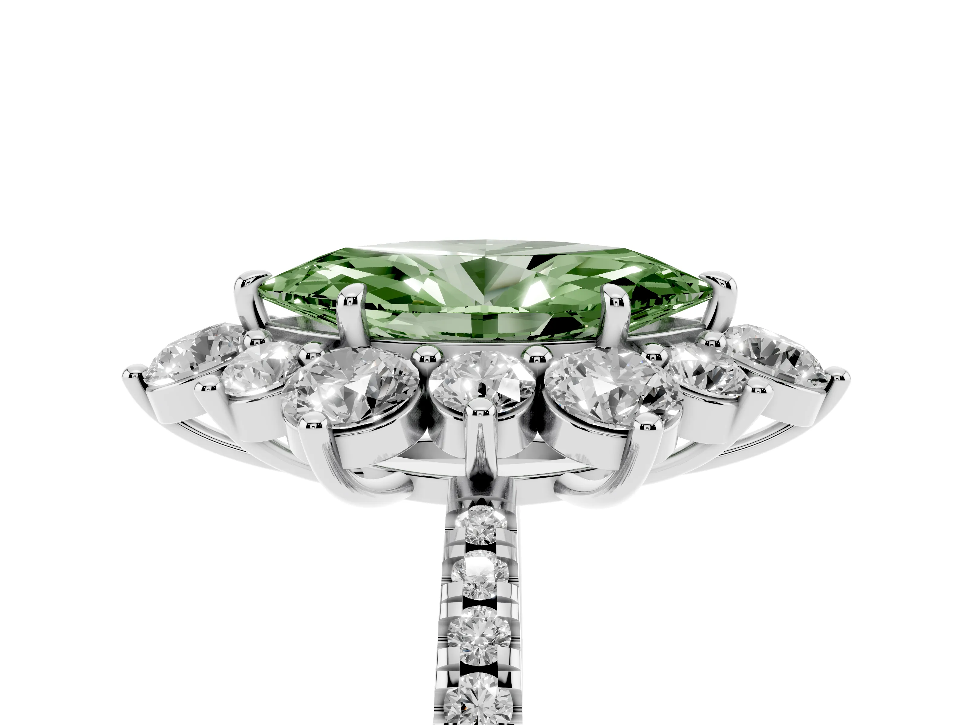 Fancy Green Marquise Cut Diamond Floral Halo Ring Set in White gold with Round Pavé Band and Prong Setting