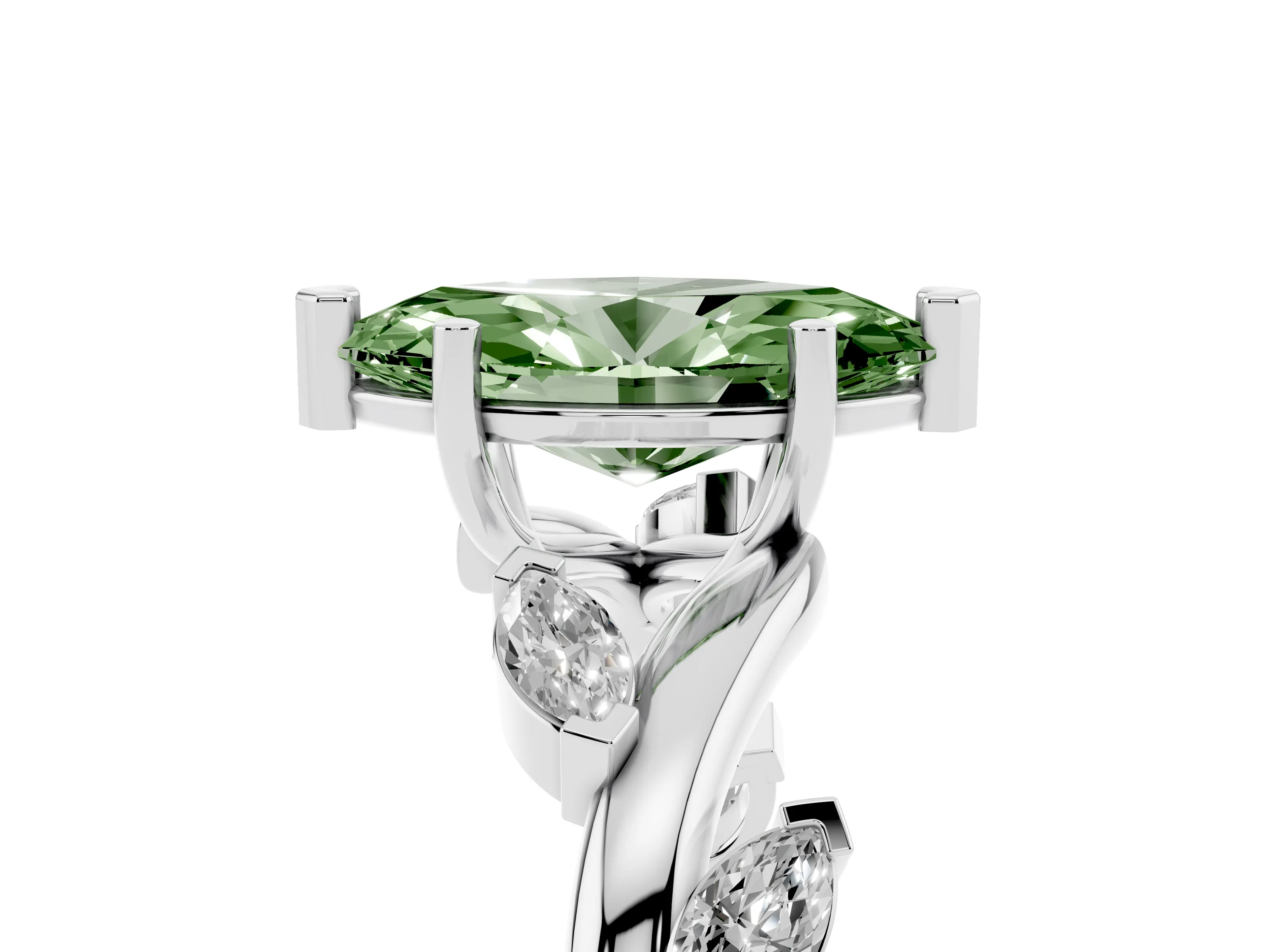 Fancy Green Marquise Cut Diamond Solitaire Ring Set in White gold with Twisted Marquise Accent Band