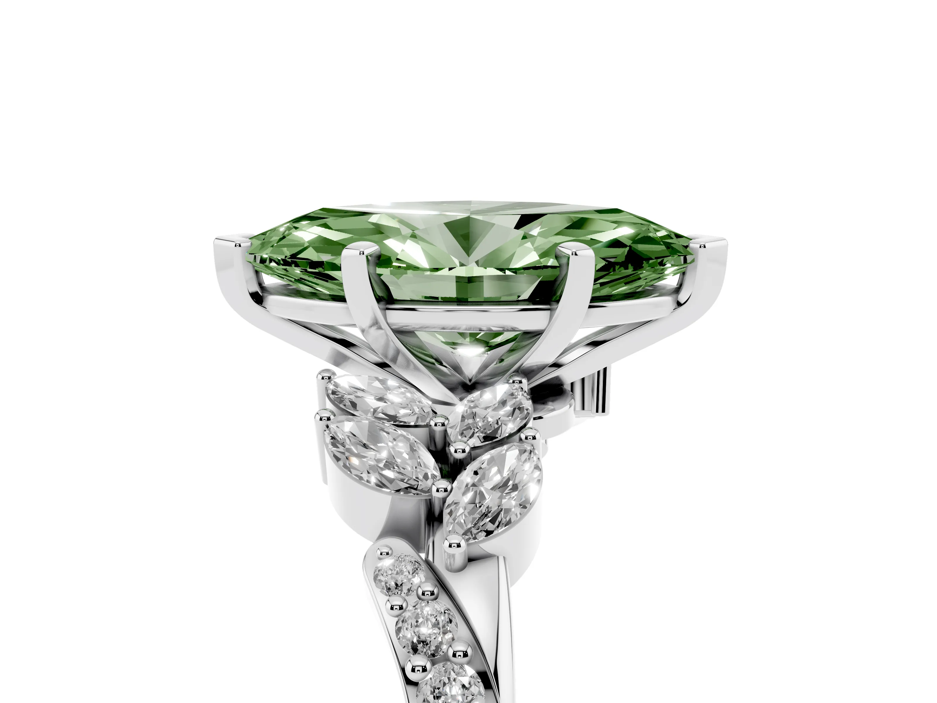 Fancy Green Marquise Cut Diamond Solitaire Ring Set in White gold with Marquise Twist Band and Prong Setting