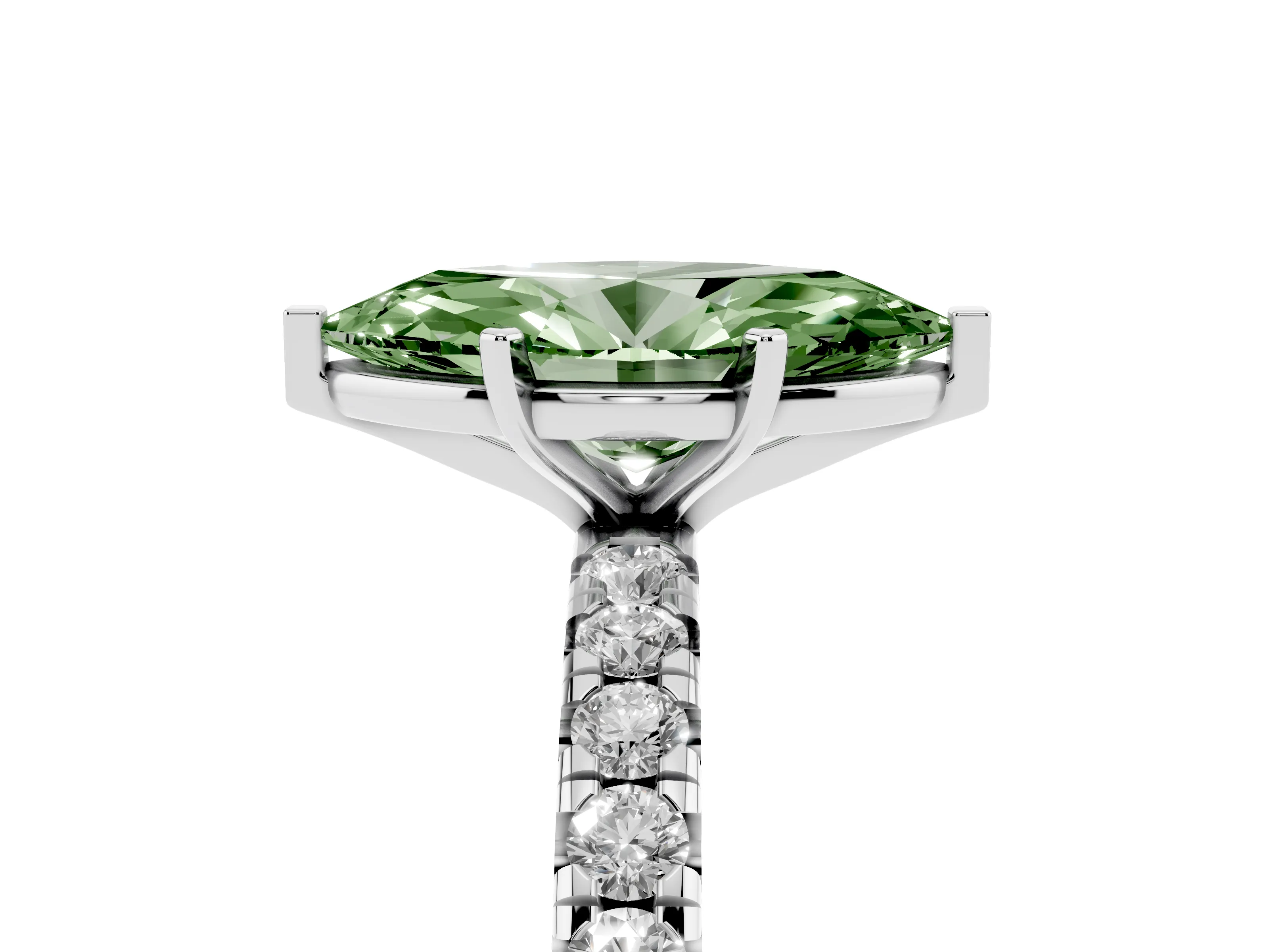 Fancy Green Marquise Cut Diamond Pavé Solitaire Ring Set in White gold with Round Band and Prong Setting