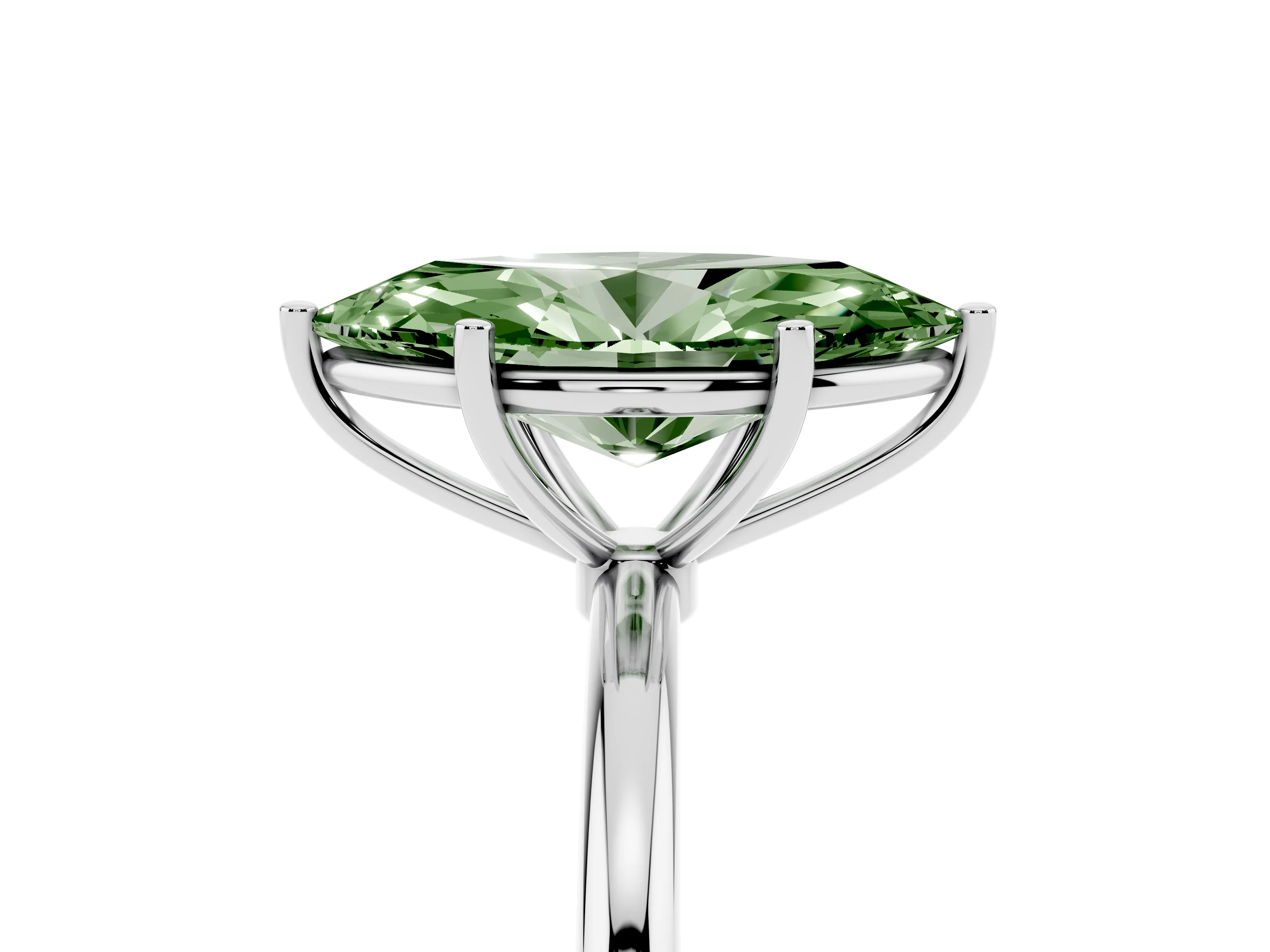 Fancy Green Marquise Cut Diamond Solitaire Engagement Ring Set in White gold with Thin Band and Prong Setting