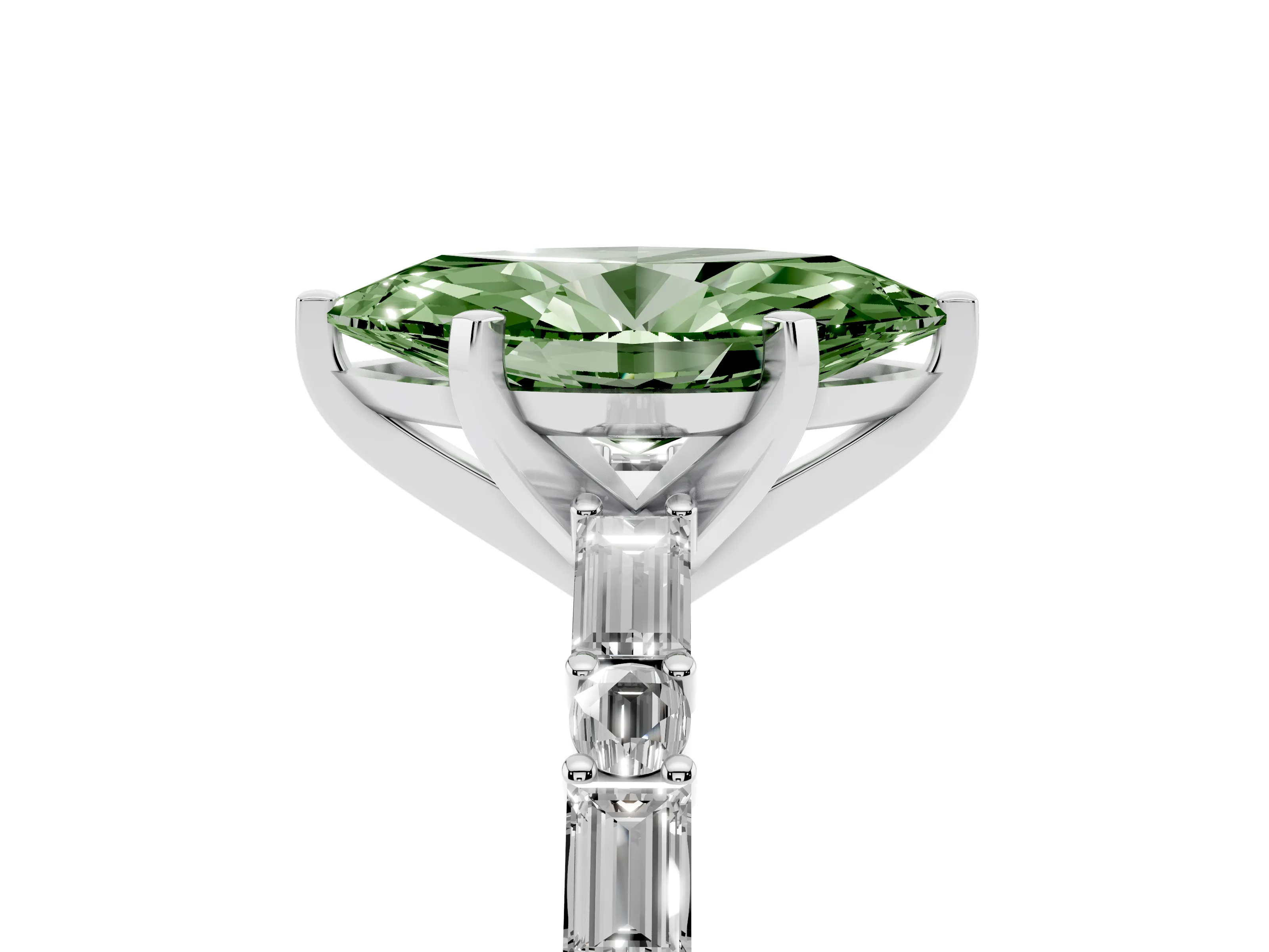 Fancy Green Marquise Cut Diamond Solitaire Set in Platinum with Side Baguettes and Channel Set Band