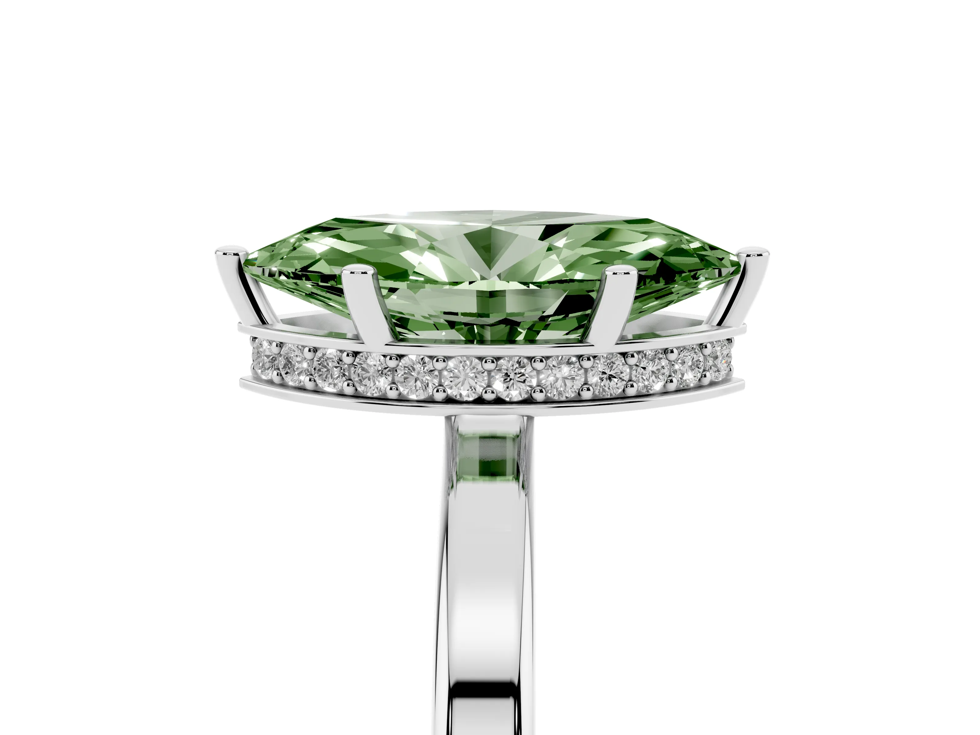 Fancy Green Marquise Cut Diamond Solitaire Engagement Ring Set in White gold with Prong Setting on a Plain Band