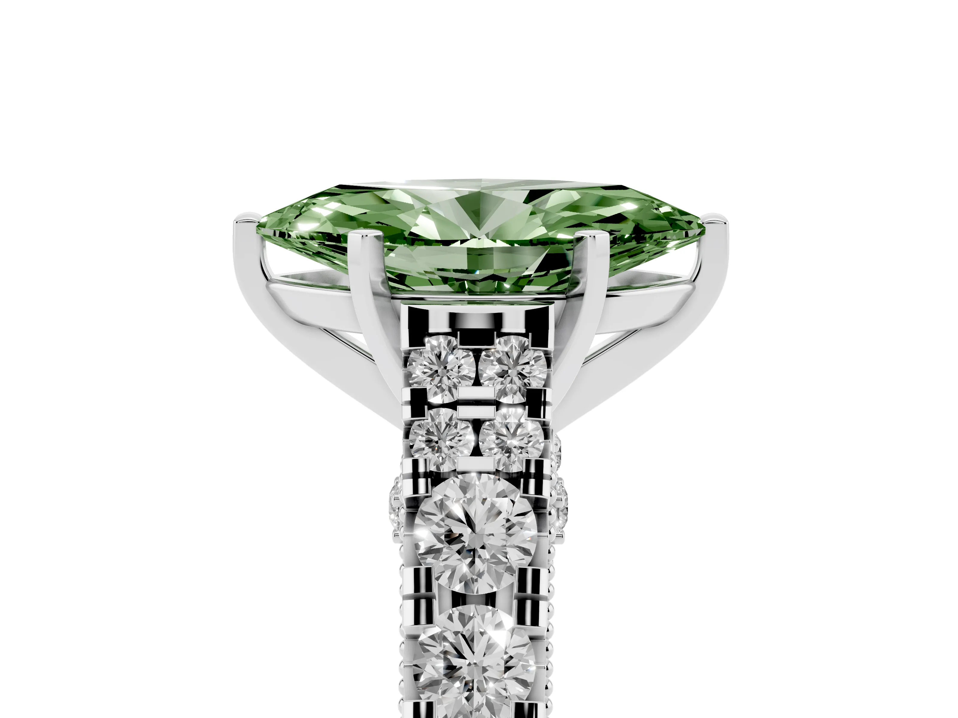 Fancy Green Marquise Cut Diamond Classic Solitaire Ring Set in Silver with Pavé Band and Prong Setting