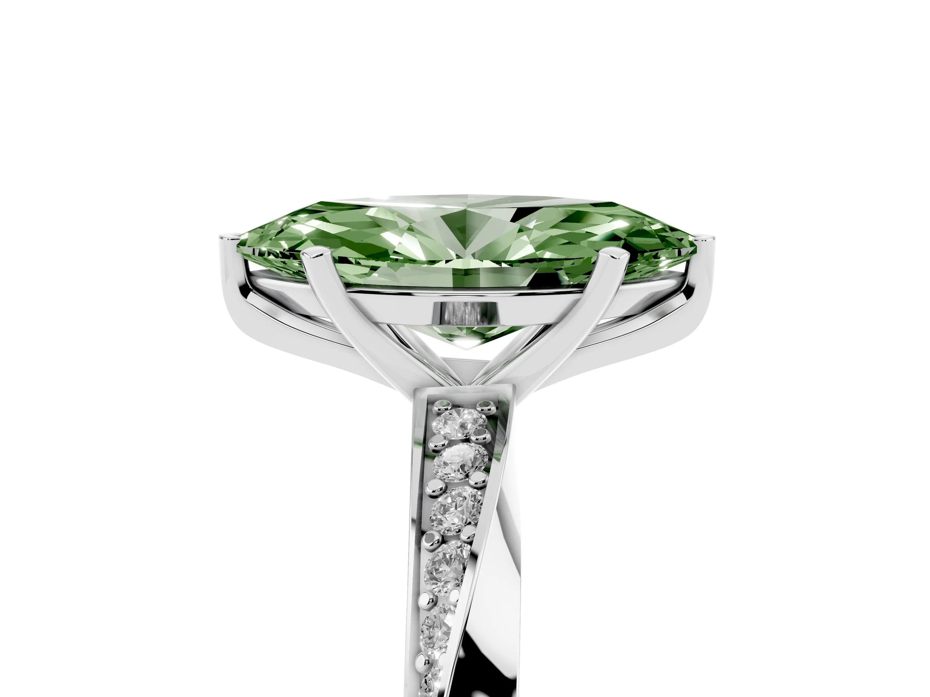 Fancy Green Marquise Cut Diamond Engagement Ring Set in White gold with Side Stone Accents and Prong Setting
