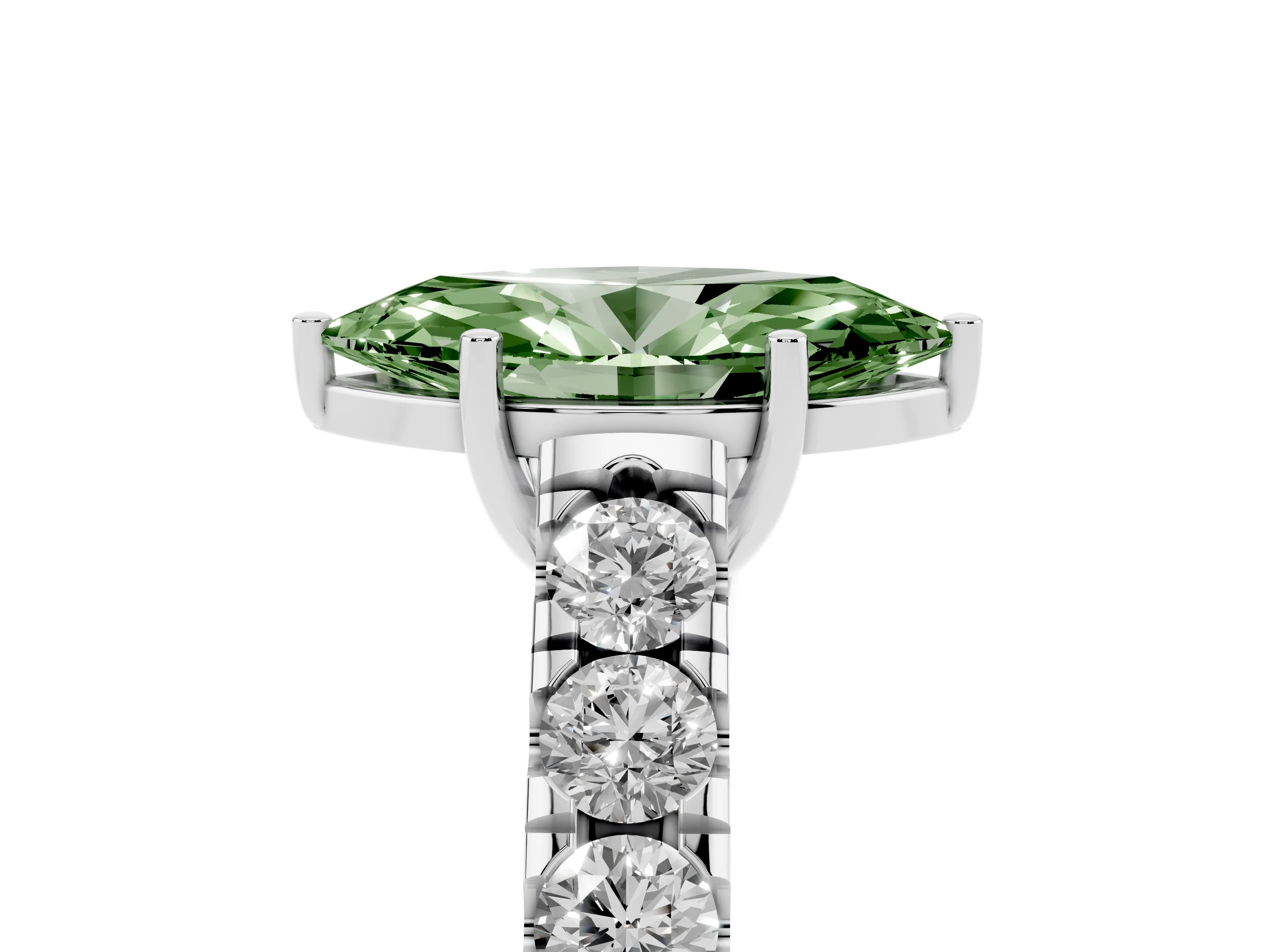 Fancy Green Marquise Cut Diamond Solitaire Ring Set in Silver with Cut-Down Micro Pavé Band and Prong Setting