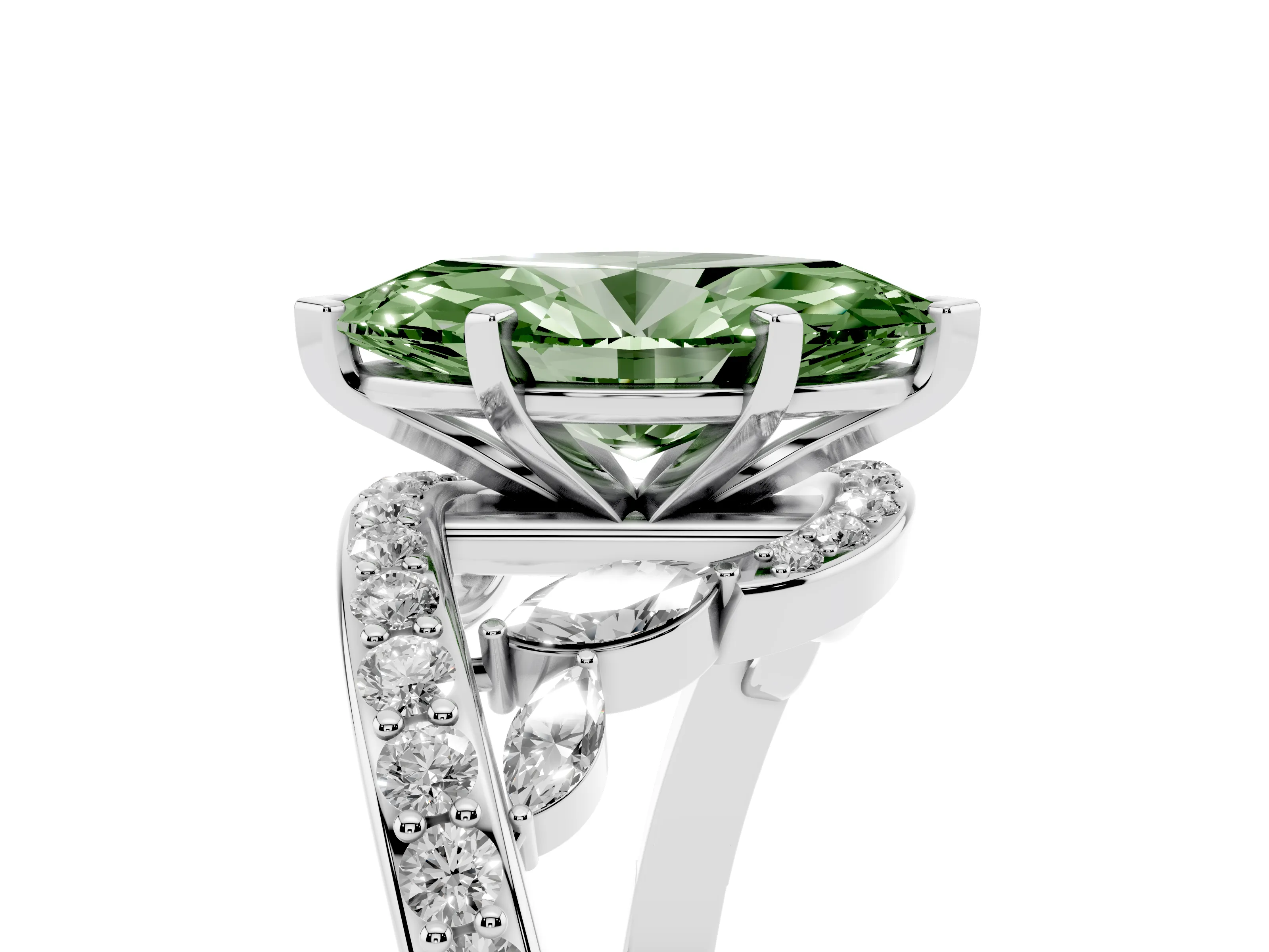 Fancy Green Marquise Cut Diamond Solitaire Ring Set in Silver with Pavé Twist Band and Secure Prong Setting