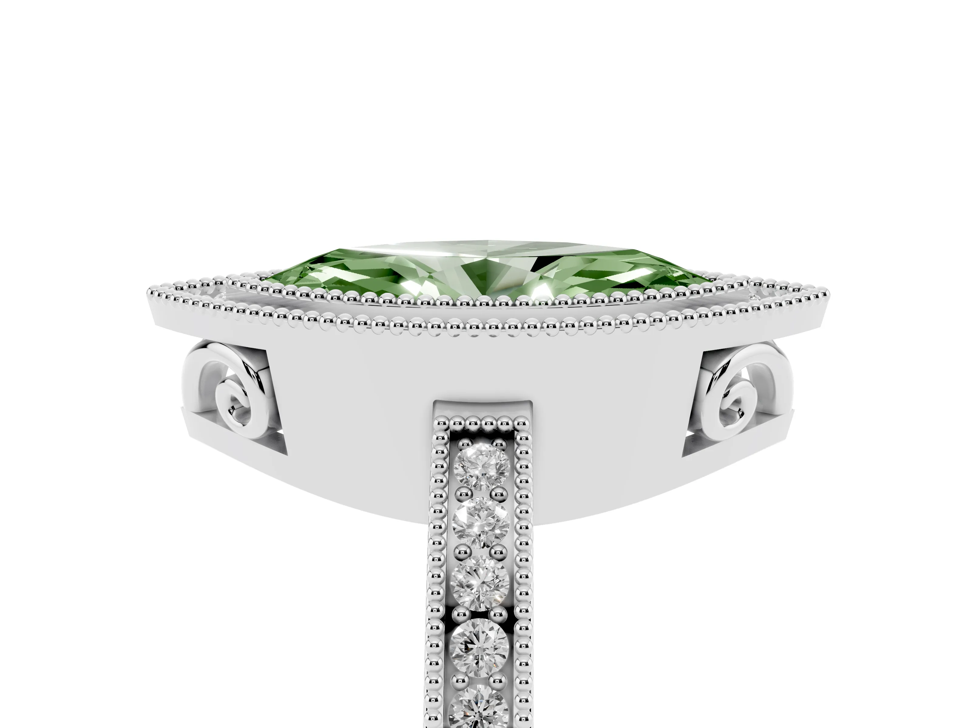 Fancy Green Marquise Cut Diamond Halo Ring Set in White gold with Pavé Band and Milgrain-Edged Prongs