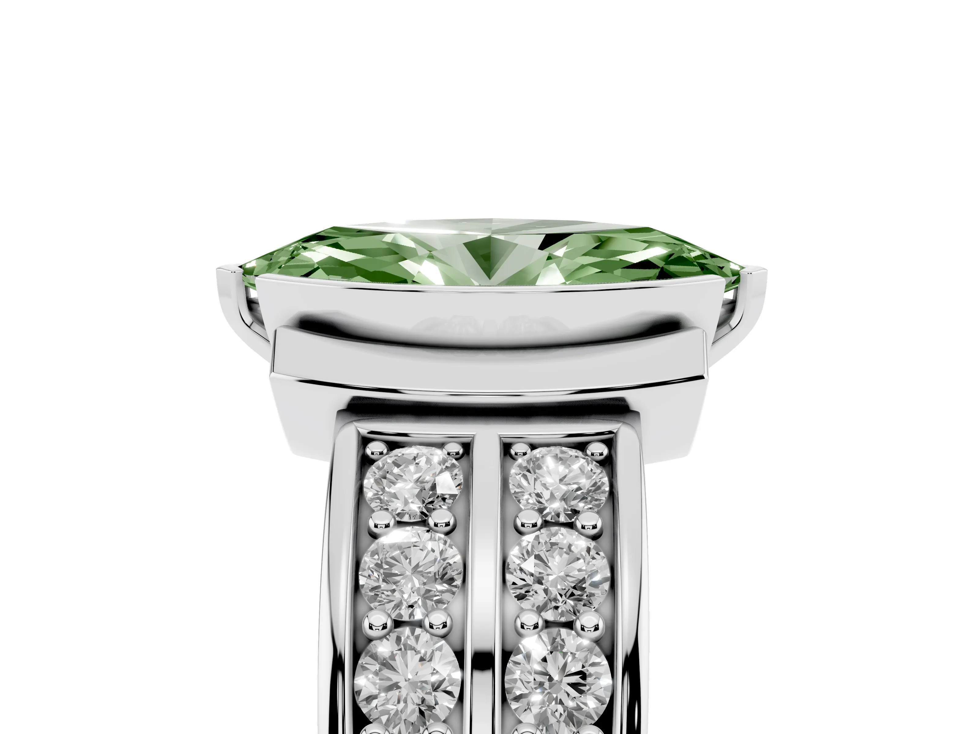 Fancy Green Marquise Cut Diamond Wide Channel Set Band Ring Set in Silver with Bezel Setting