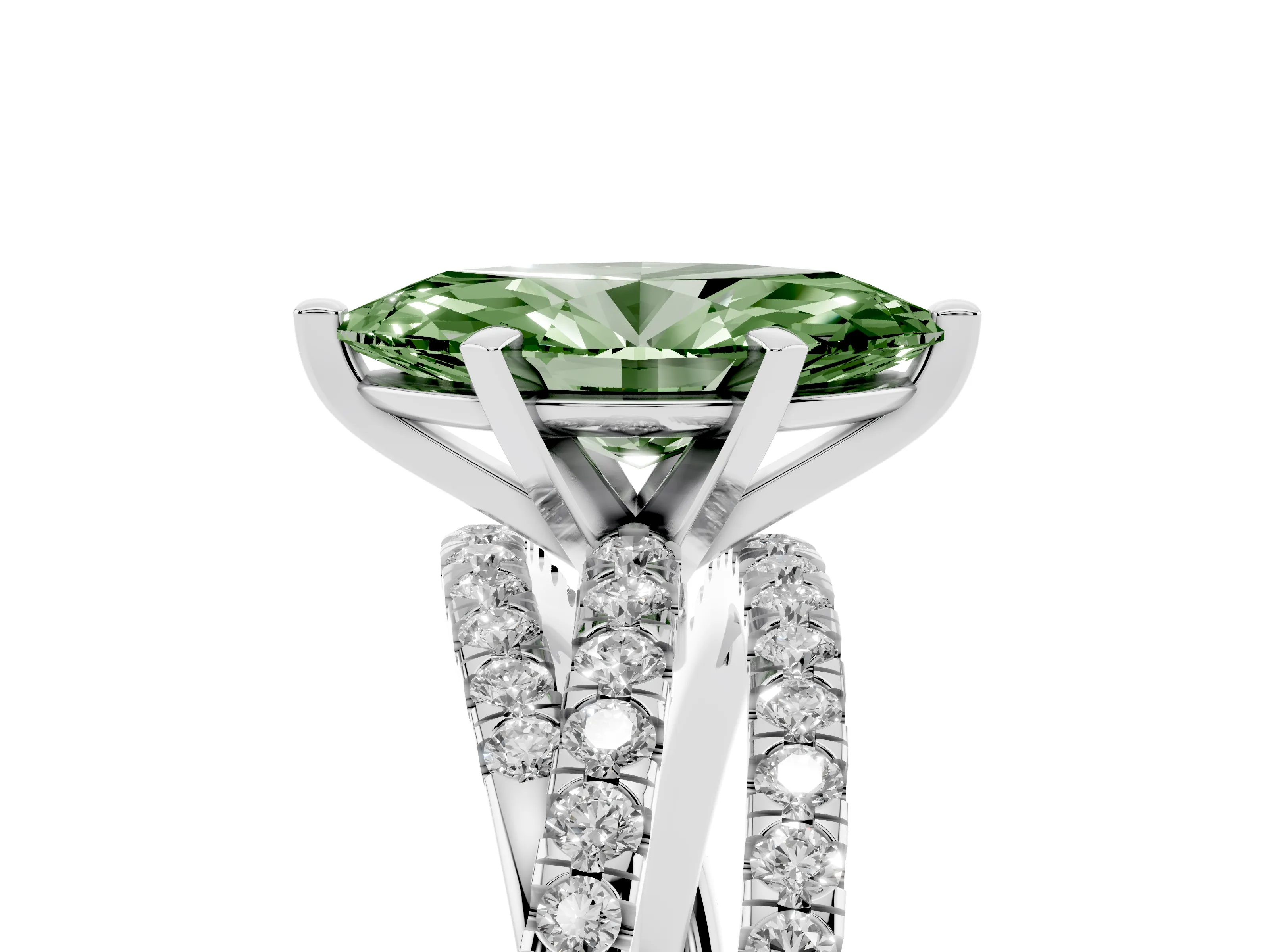Fancy Green Marquise Cut Diamond Solitaire Twist Band Ring Set in Platinum with Pavé Setting and Prong Head