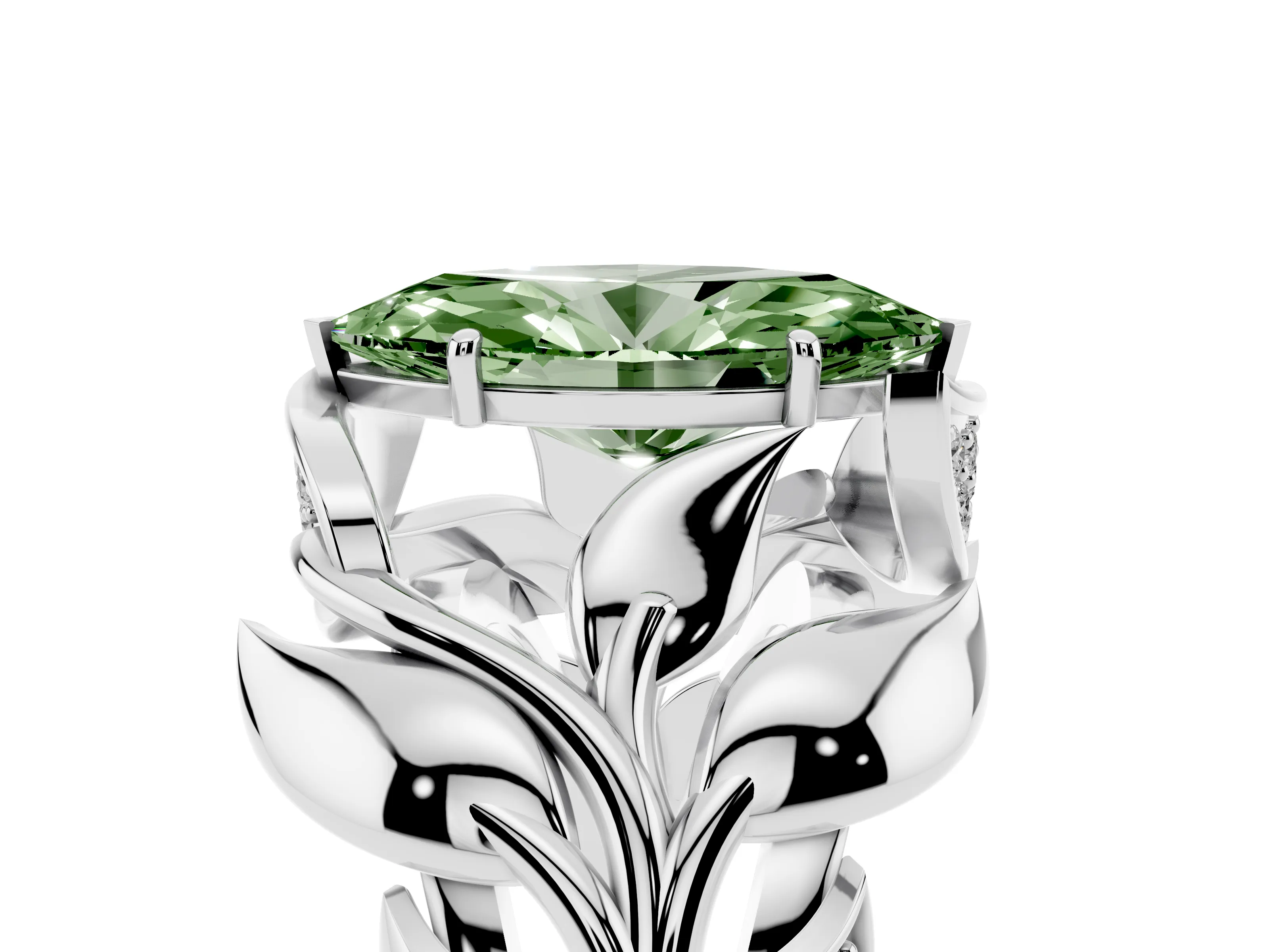 Fancy Green Marquise Cut Diamond Leaf-Inspired Engagement Ring Set in Platinum with Round Accents