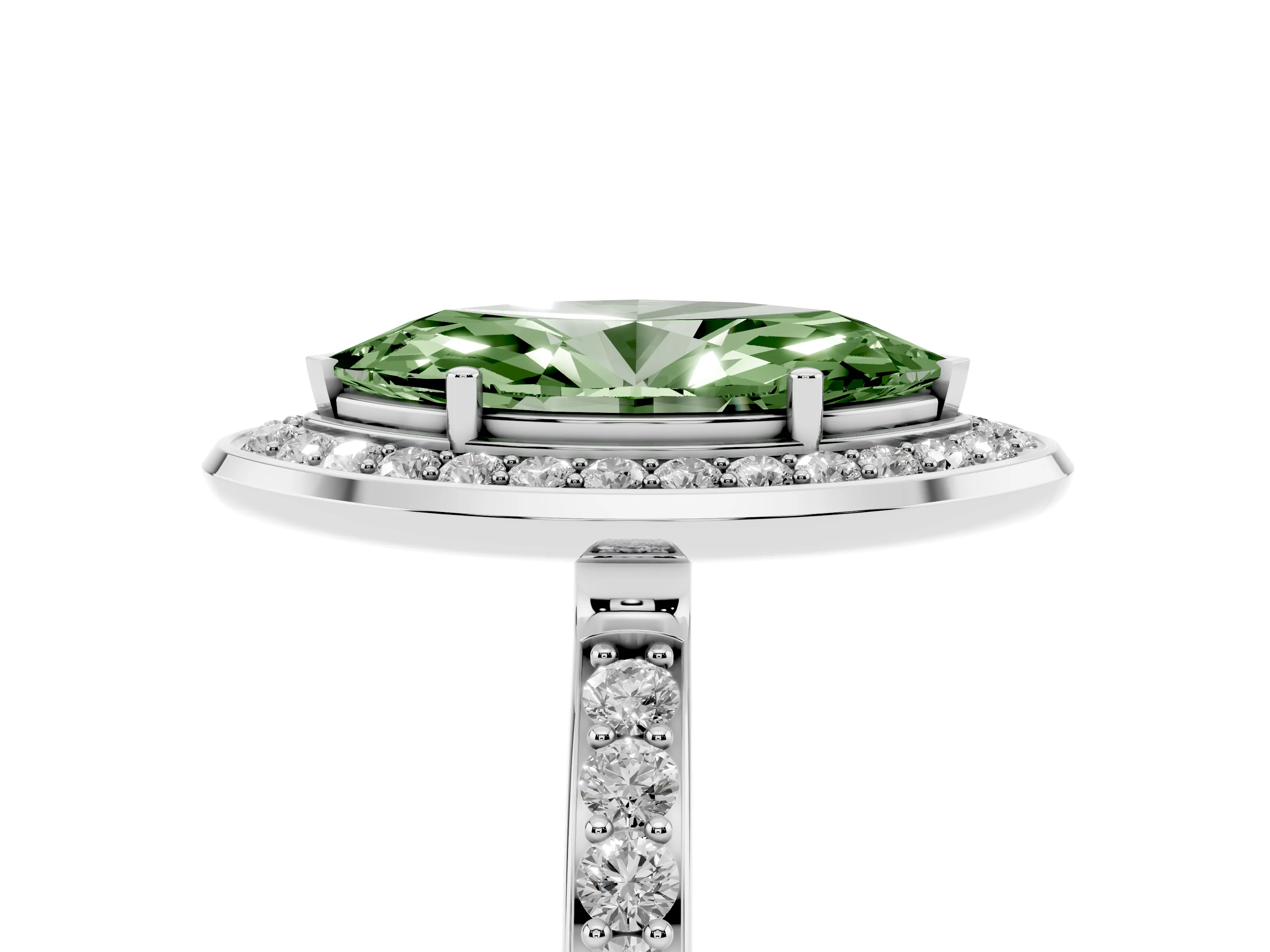 Fancy Green Marquise Cut Diamond Halo Ring Set in Silver with Bezel Frame and Pavé Band