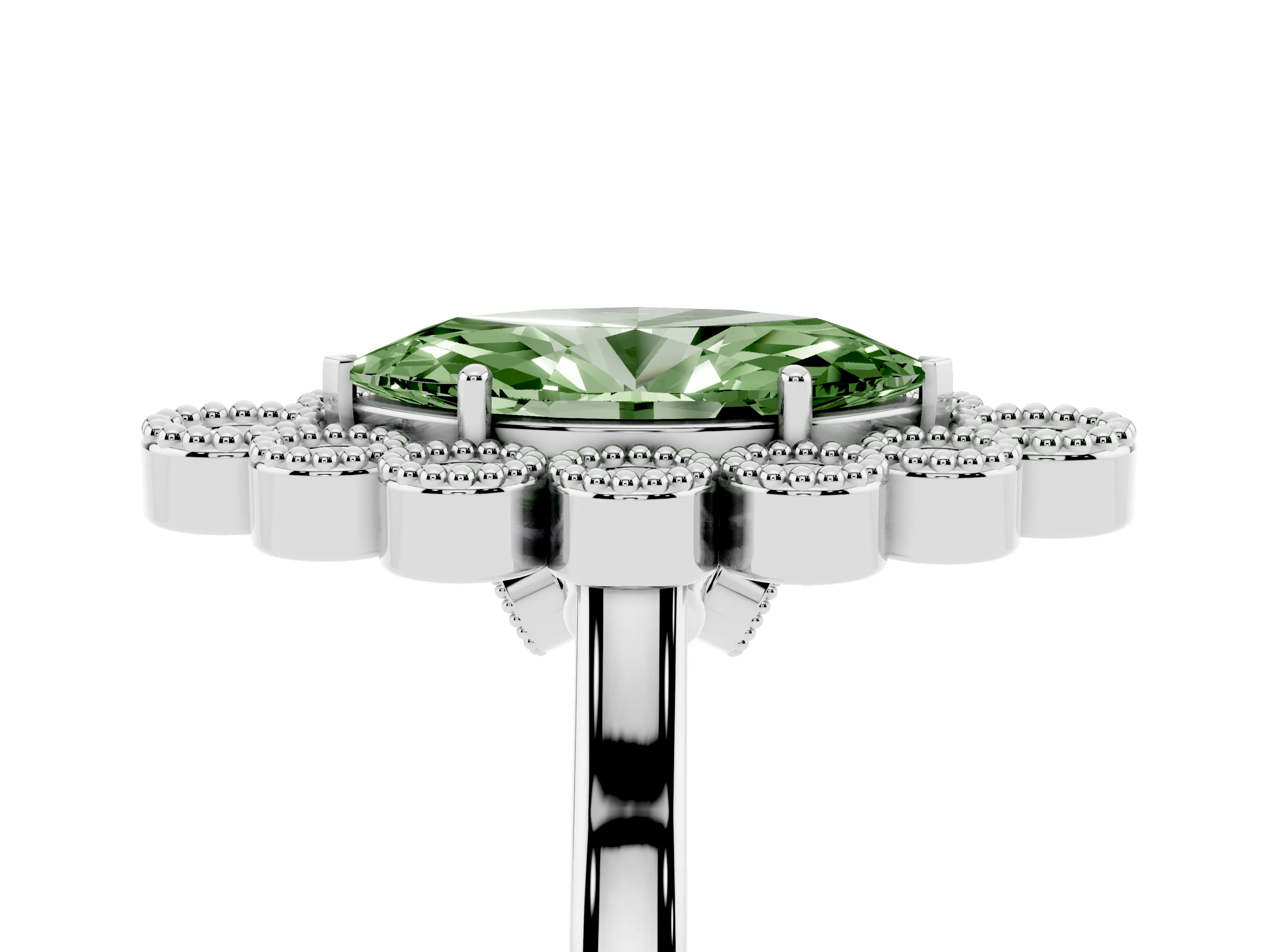 Fancy Green Marquise Cut Diamond Cluster Halo Ring Set in White gold with Milgrain Bezel Accents and Plain Band