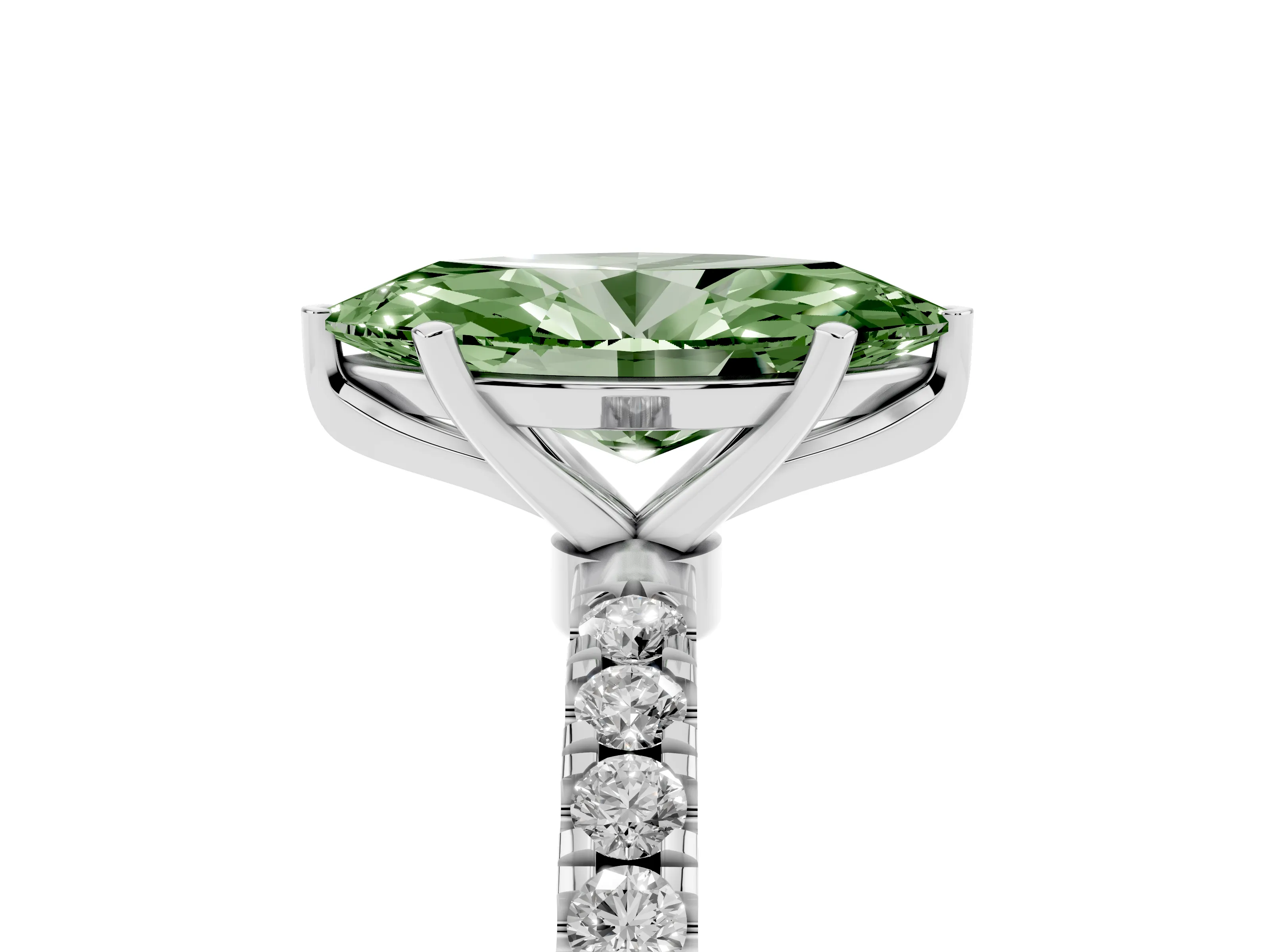 Fancy Green Marquise Cut Diamond Solitaire Ring Set in Platinum with Pavé Accents and Prong Setting