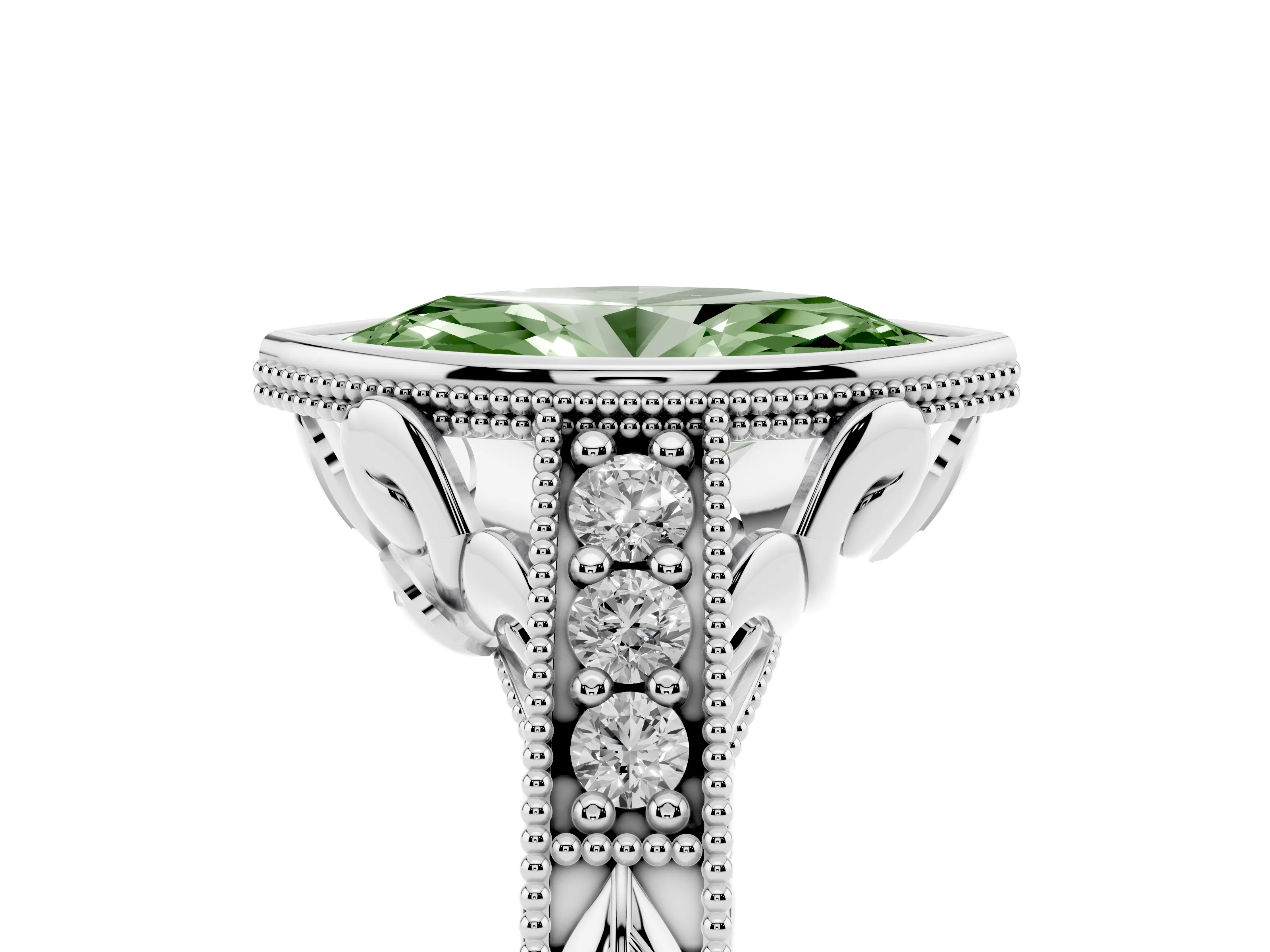 Fancy Green Bezel Set Marquise Cut Diamond Milgrain Pavé Engagement Ring Set in White gold