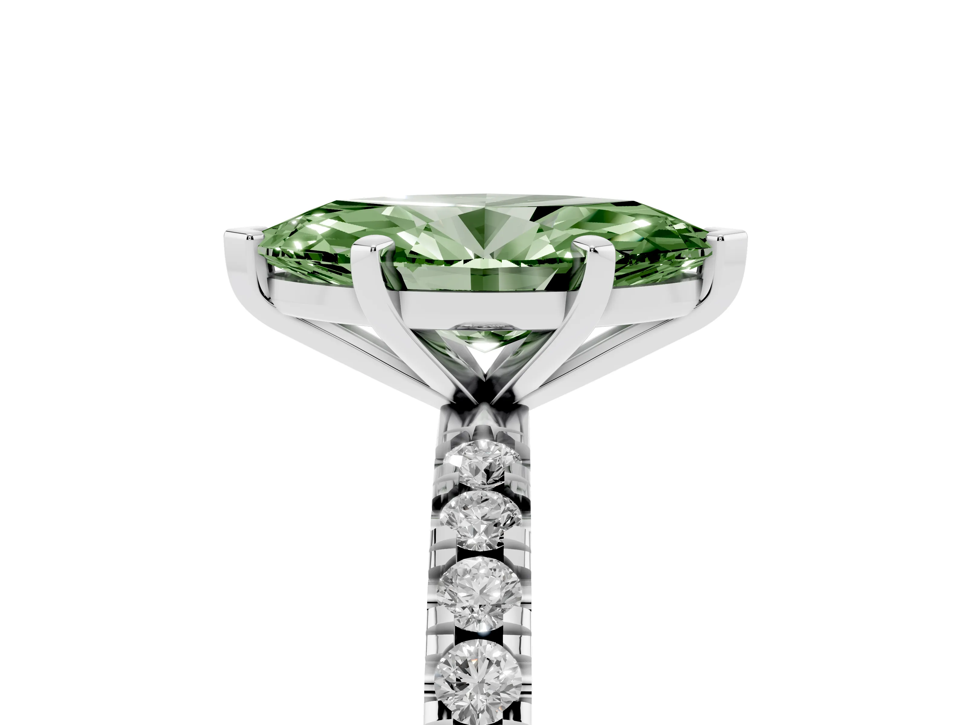 Fancy Green Marquise Cut Diamond Pavé Band Solitaire Set in White gold with Prong Setting