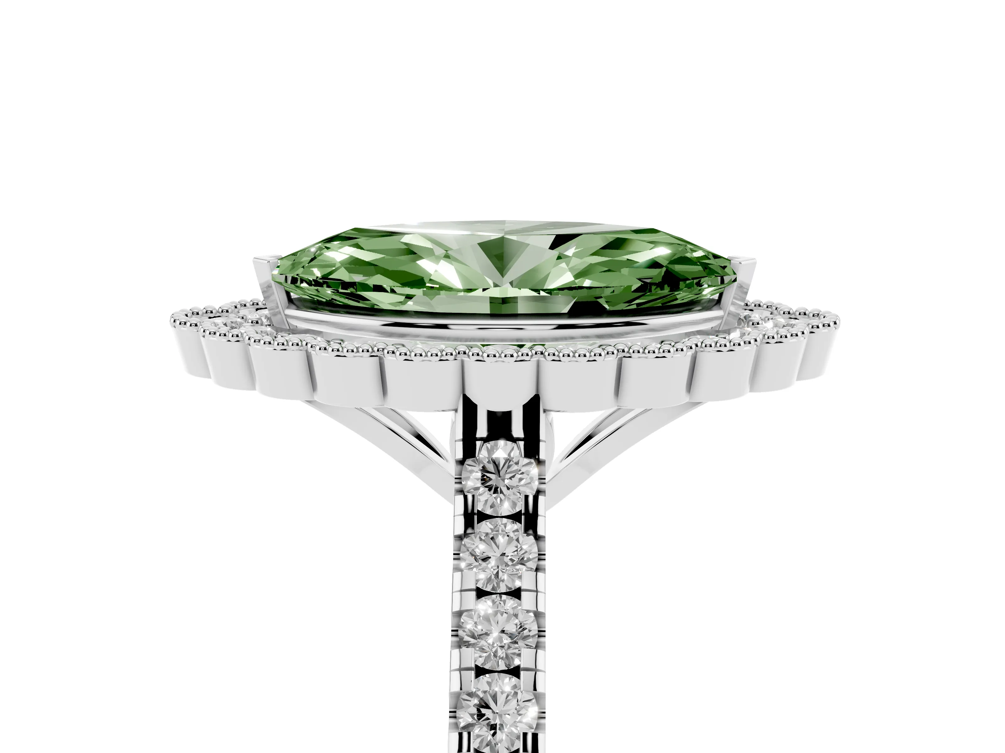 Fancy Green Marquise Cut Diamond Milgrain Floral Halo Engagement Ring Set in White gold with Pavé Band