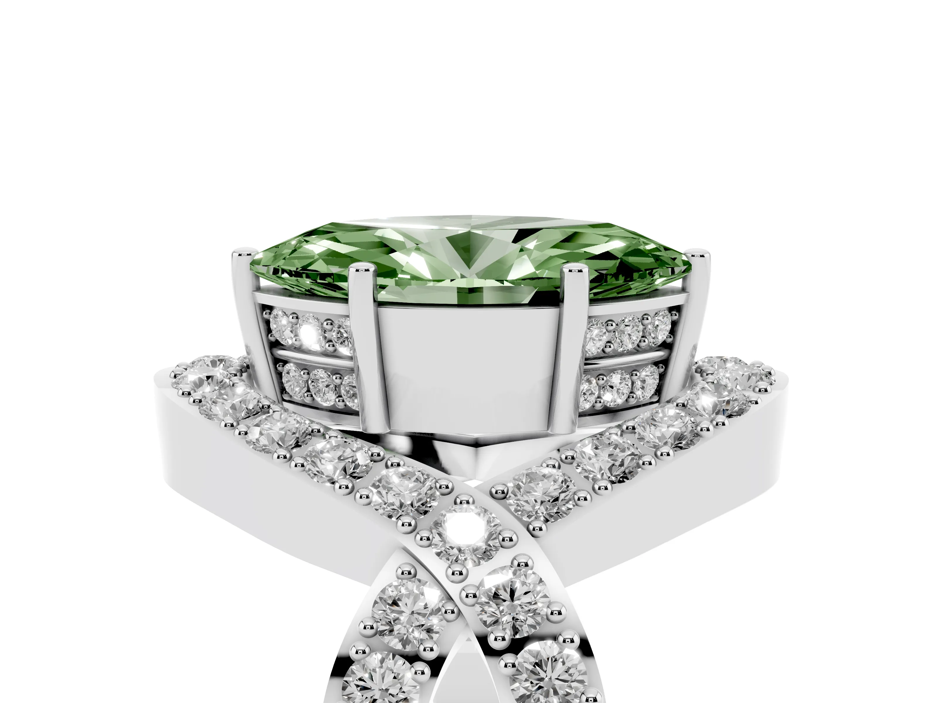 Fancy Green Marquise Cut Diamond Solitaire Twist Band Pavé Engagement Ring Set in Silver