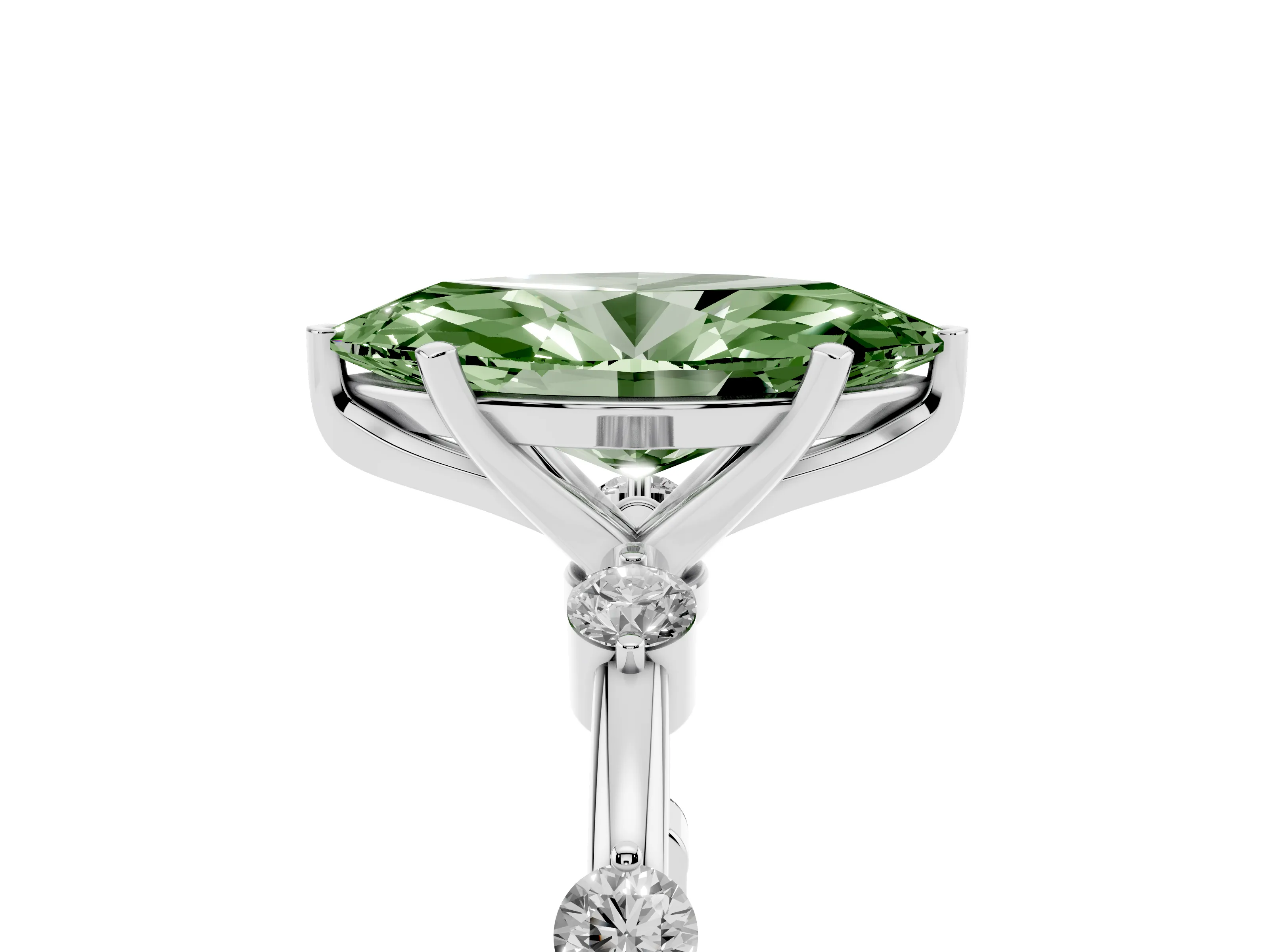 Fancy Green Marquise Cut Diamond Solitaire Ring Set in White gold with Bezel Set Side Stones and Prong Setting