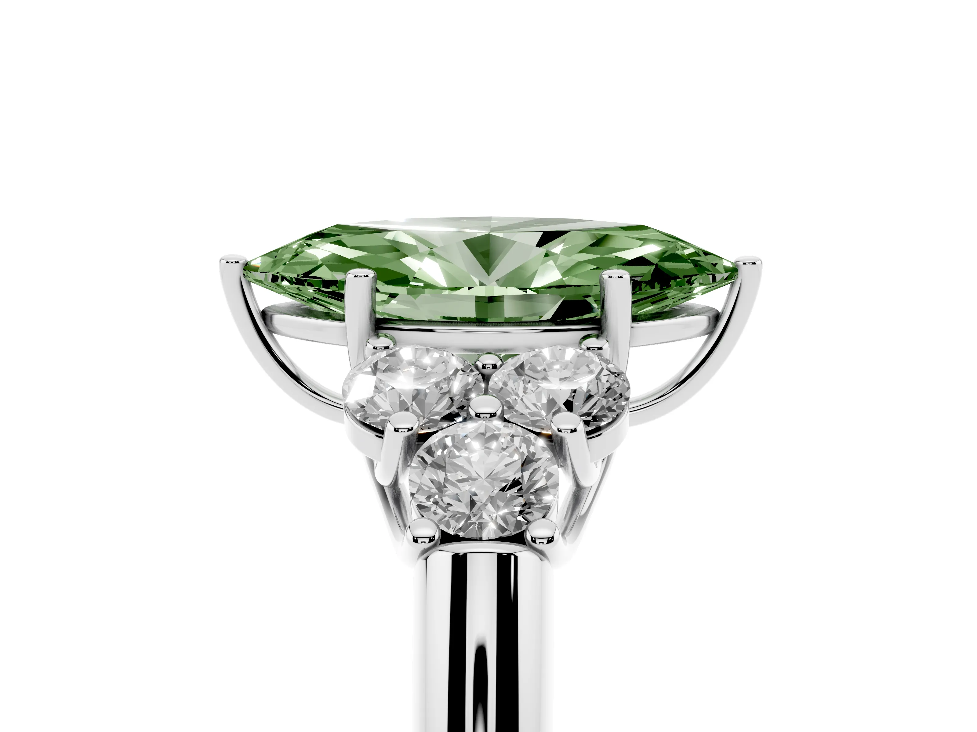 Fancy Green Marquise Cut Diamond Cluster Ring Set in Platinum with Round Accent Stones and Prong Setting on a Plain Band