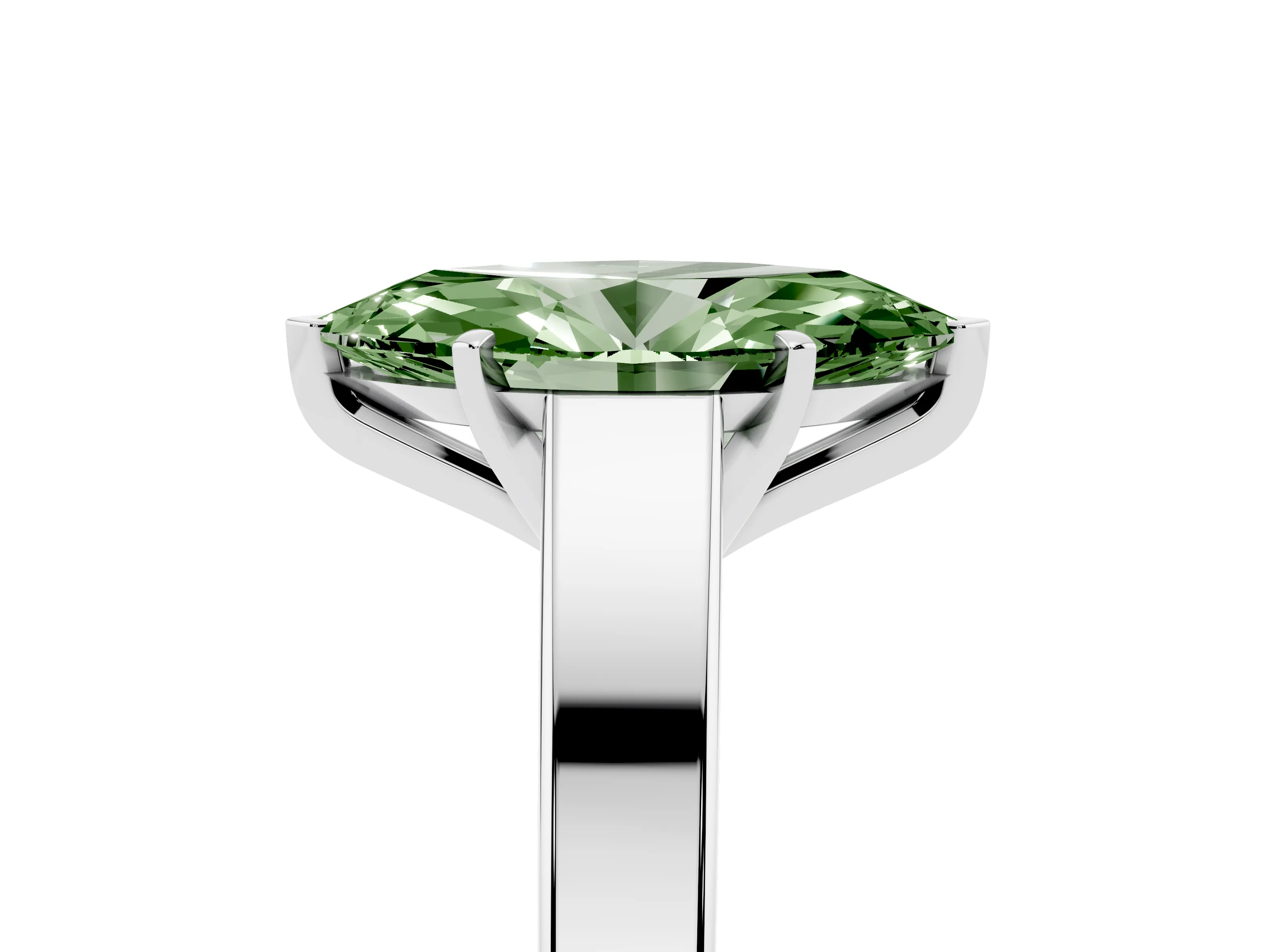 Fancy Green Marquise Cut Diamond Solitaire Engagement Ring Set in Platinum with Prong Setting and Tapered Band