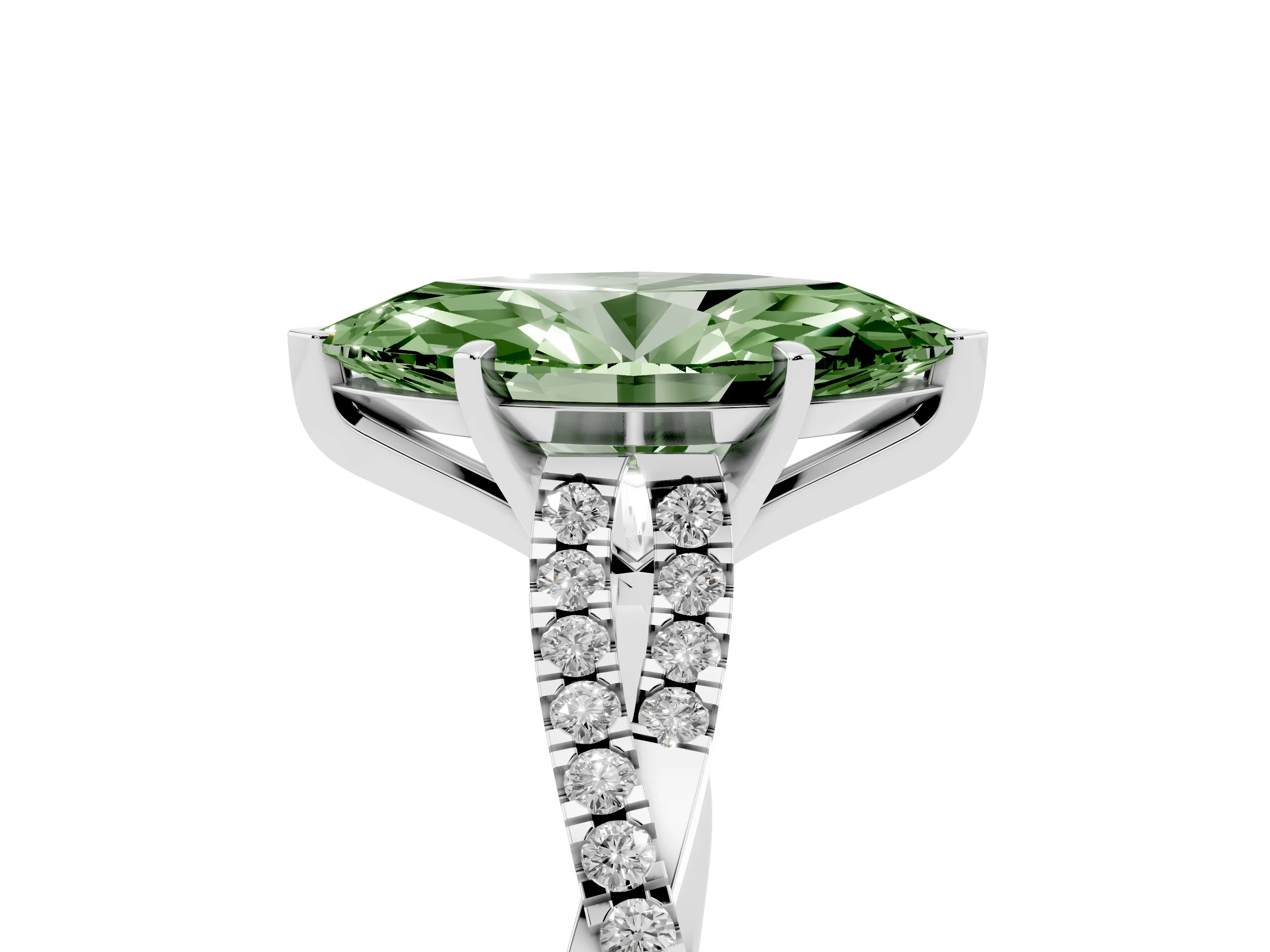 Fancy Green Marquise Cut Diamond Solitaire Engagement Ring Set in Platinum with Twisted Pavé Band and Prong Setting