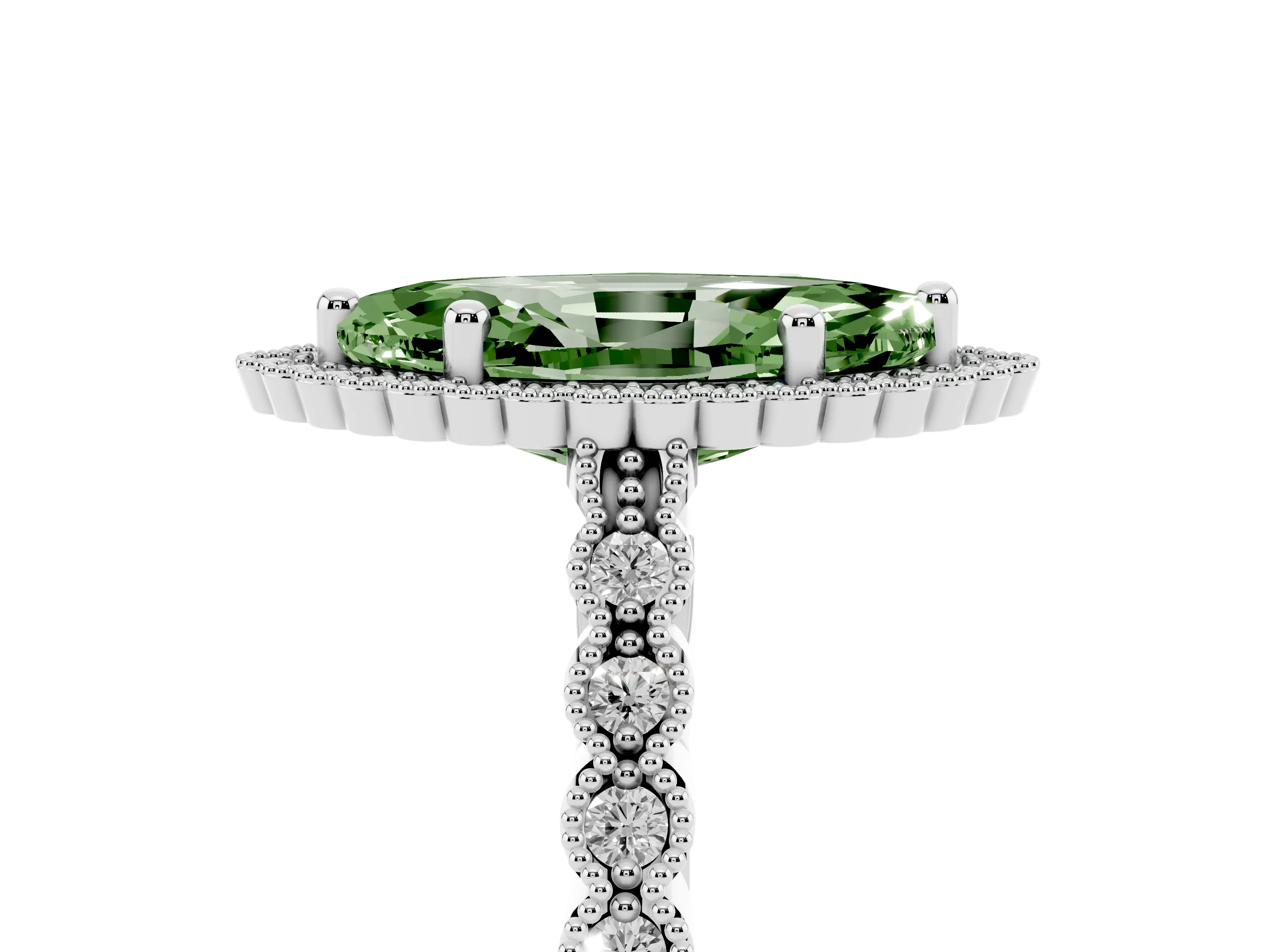 Fancy Green Marquise Cut Diamond Halo Ring Set in Silver with Pavé Milgrain Band