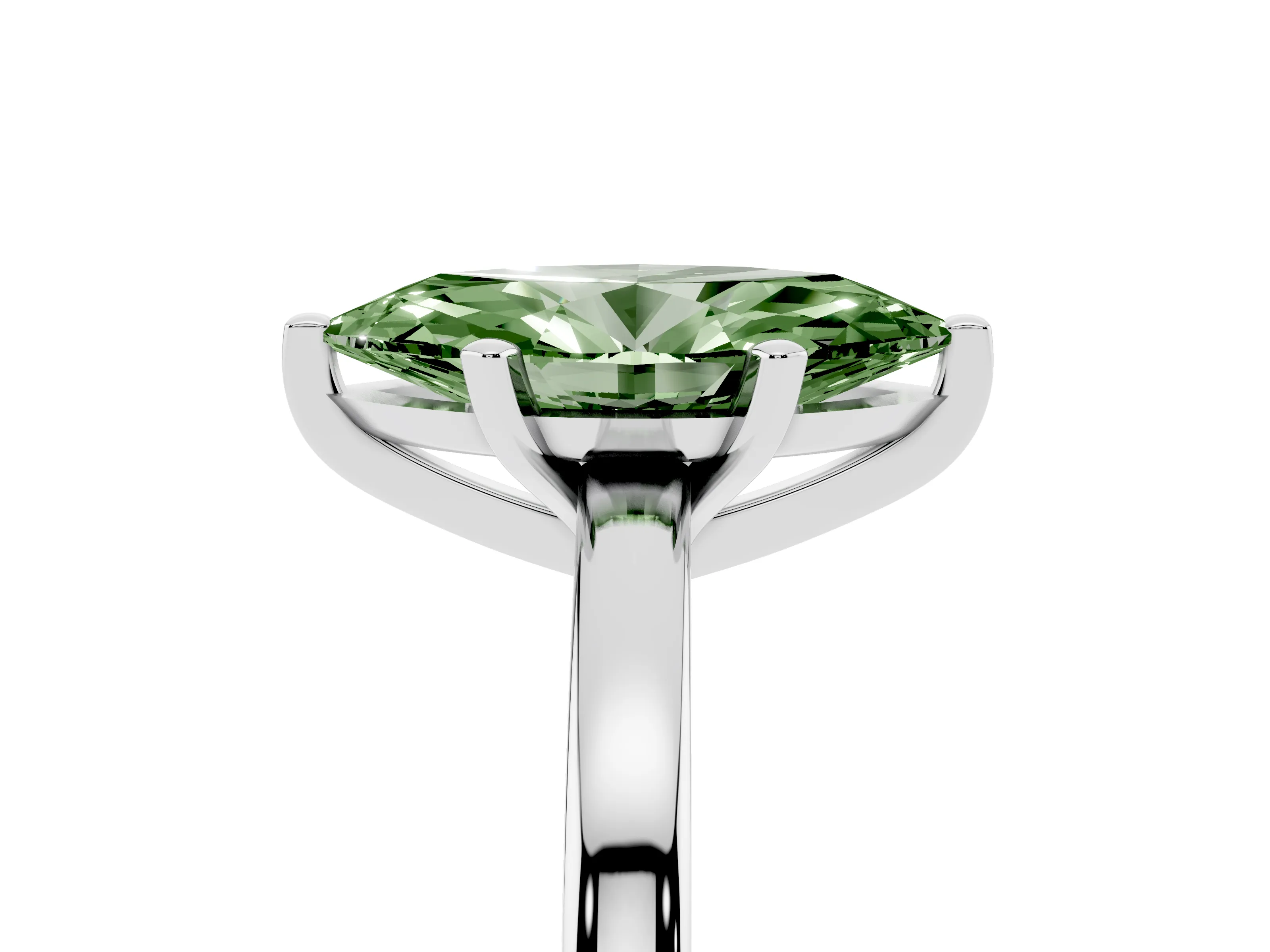 Fancy Green Marquise Cut Diamond Solitaire Engagement Ring Set in Platinum with Prong Setting on a Classic Band