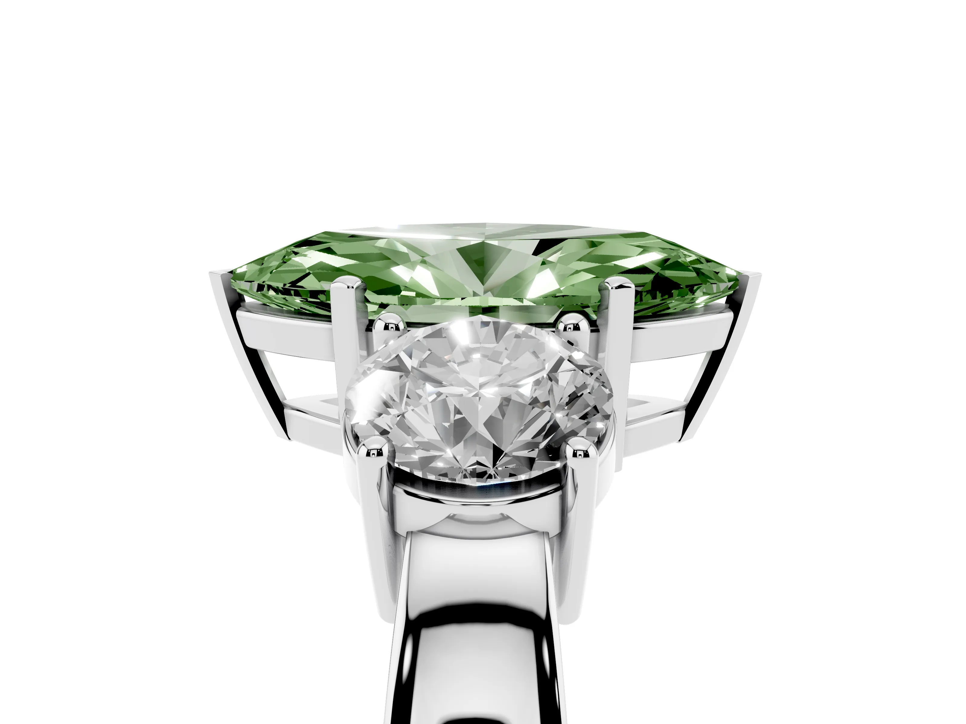 Fancy Green Marquise Cut Diamond Three-Stone Ring Set in Platinum with Round Side Stones and Classic Band