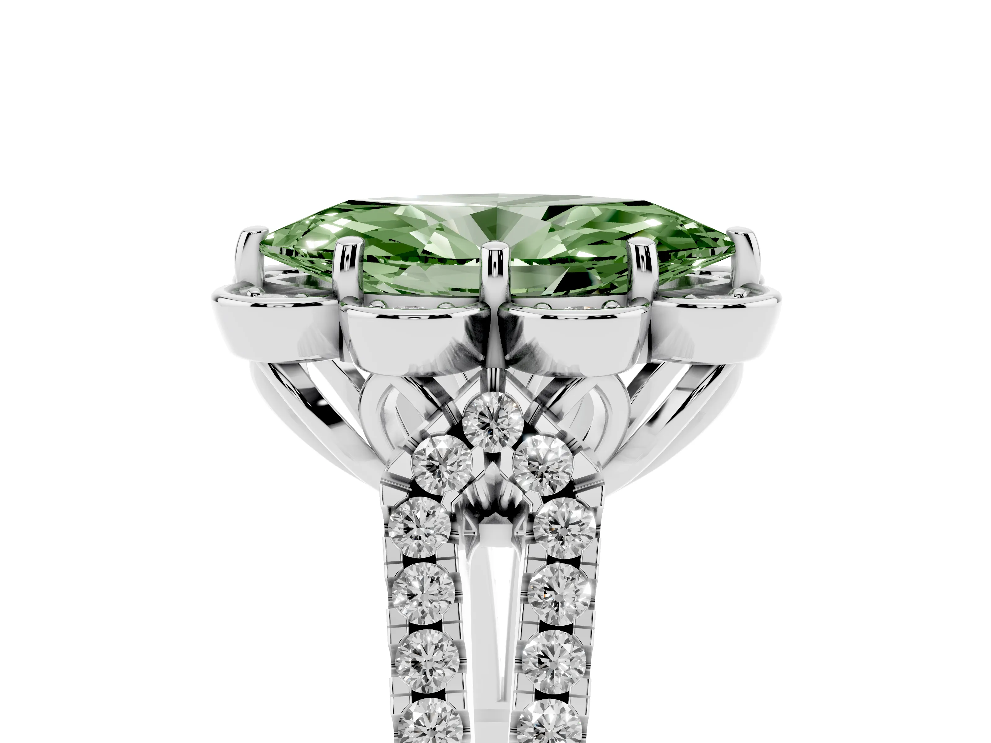Fancy Green Marquise Cut Diamond Floral Halo Split Shank Engagement Ring Set in Platinum with Pavé Shank