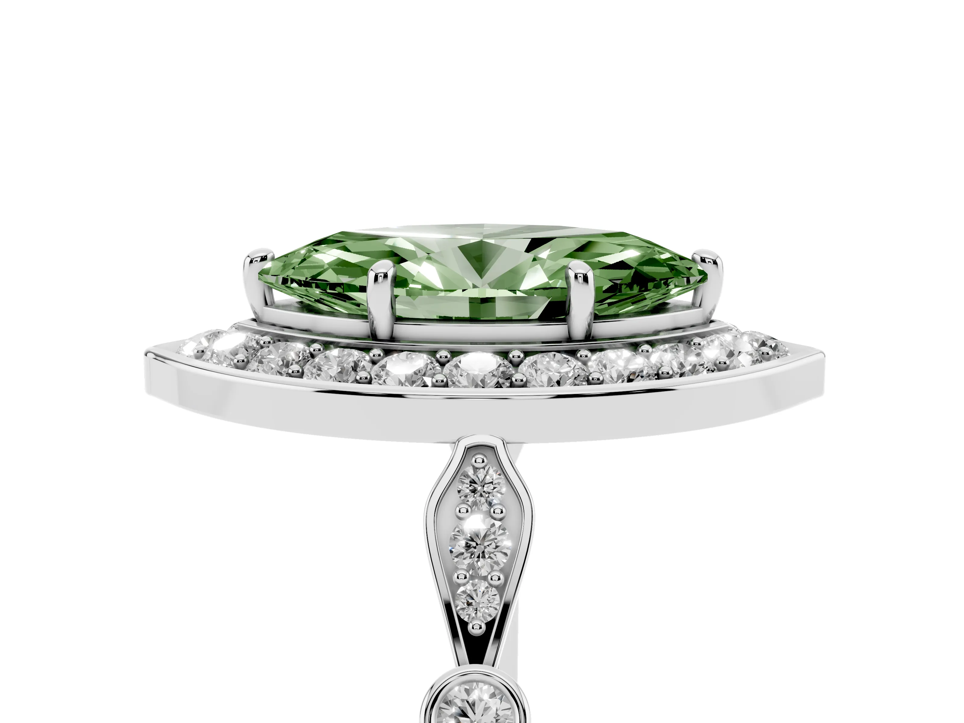 Fancy Green Marquise Cut Diamond Halo Engagement Ring Set in Platinum with Twisted Band and Prong Setting