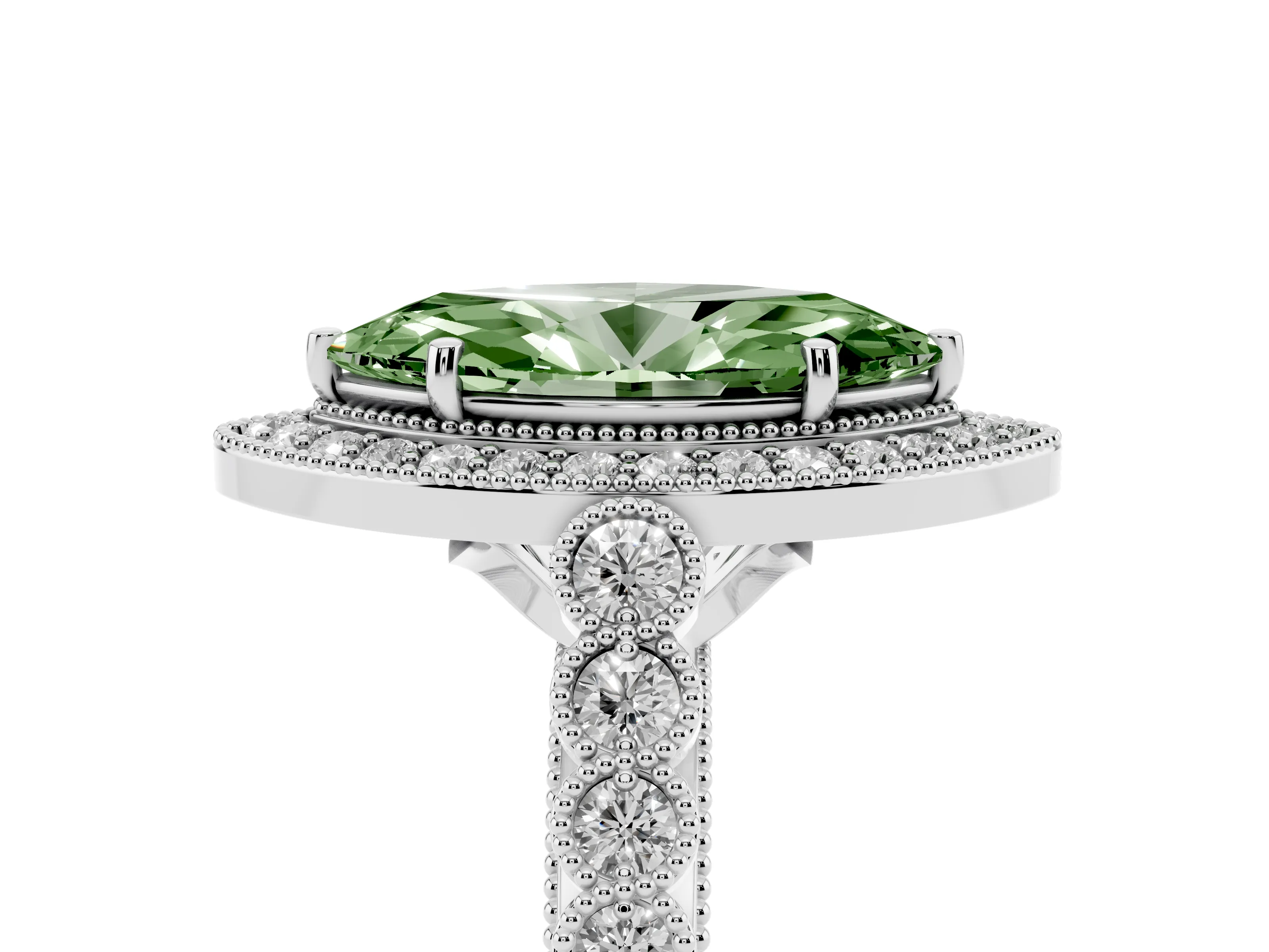 Fancy Green Marquise Cut Diamond Milgrain Halo Solitaire Ring Set in White gold with Bezel Set Side Stones and Pavé Band