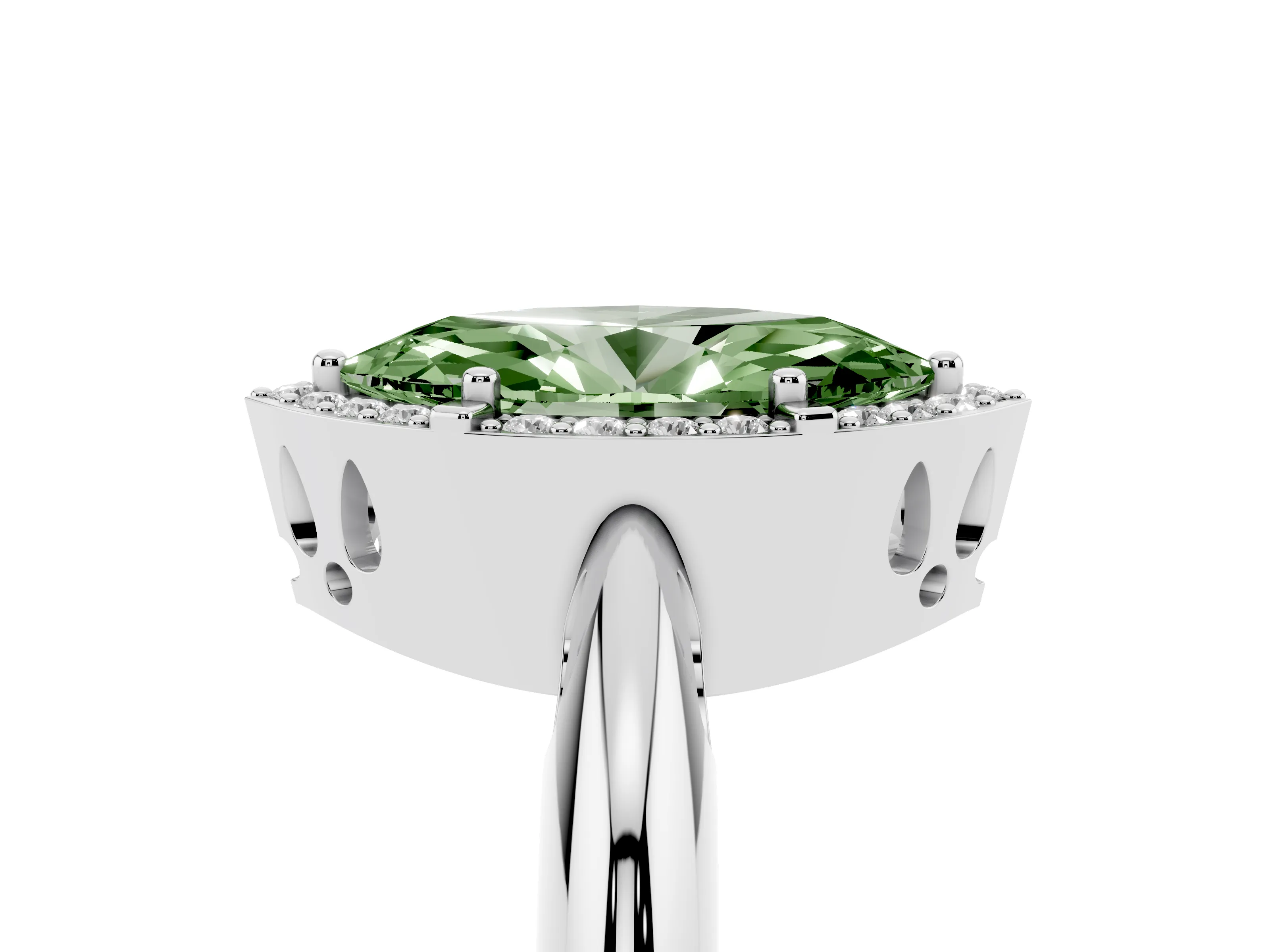 Fancy Green Marquise Cut Diamond Halo Engagement Ring Set in White gold with Plain Split Shank and Prong Setting