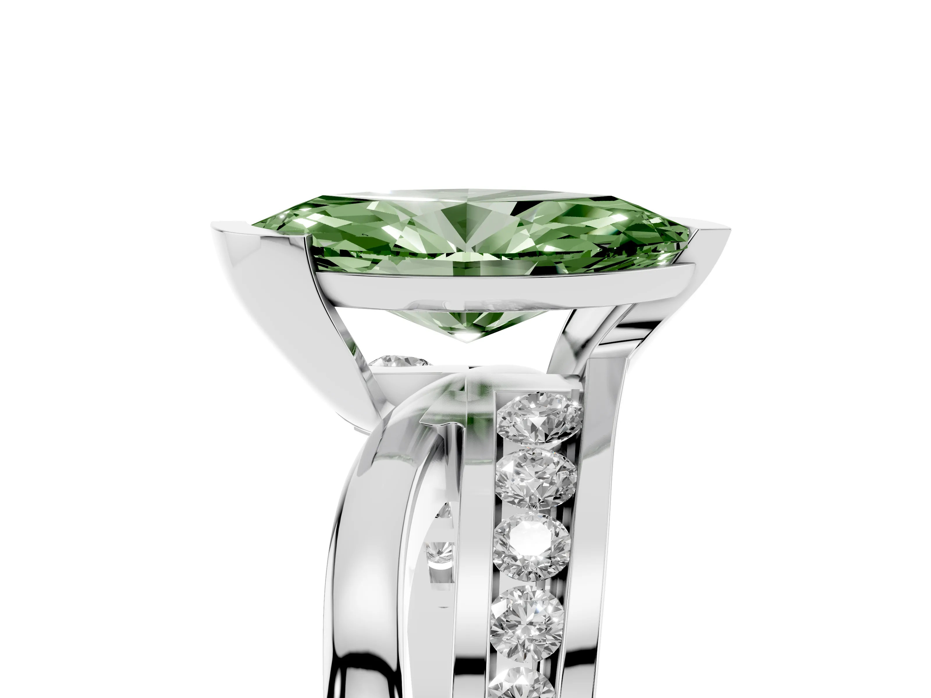 Fancy Green Marquise Cut Diamond Solitaire Ring Set in Silver with Channel Set Split Shank and Tension Prongs