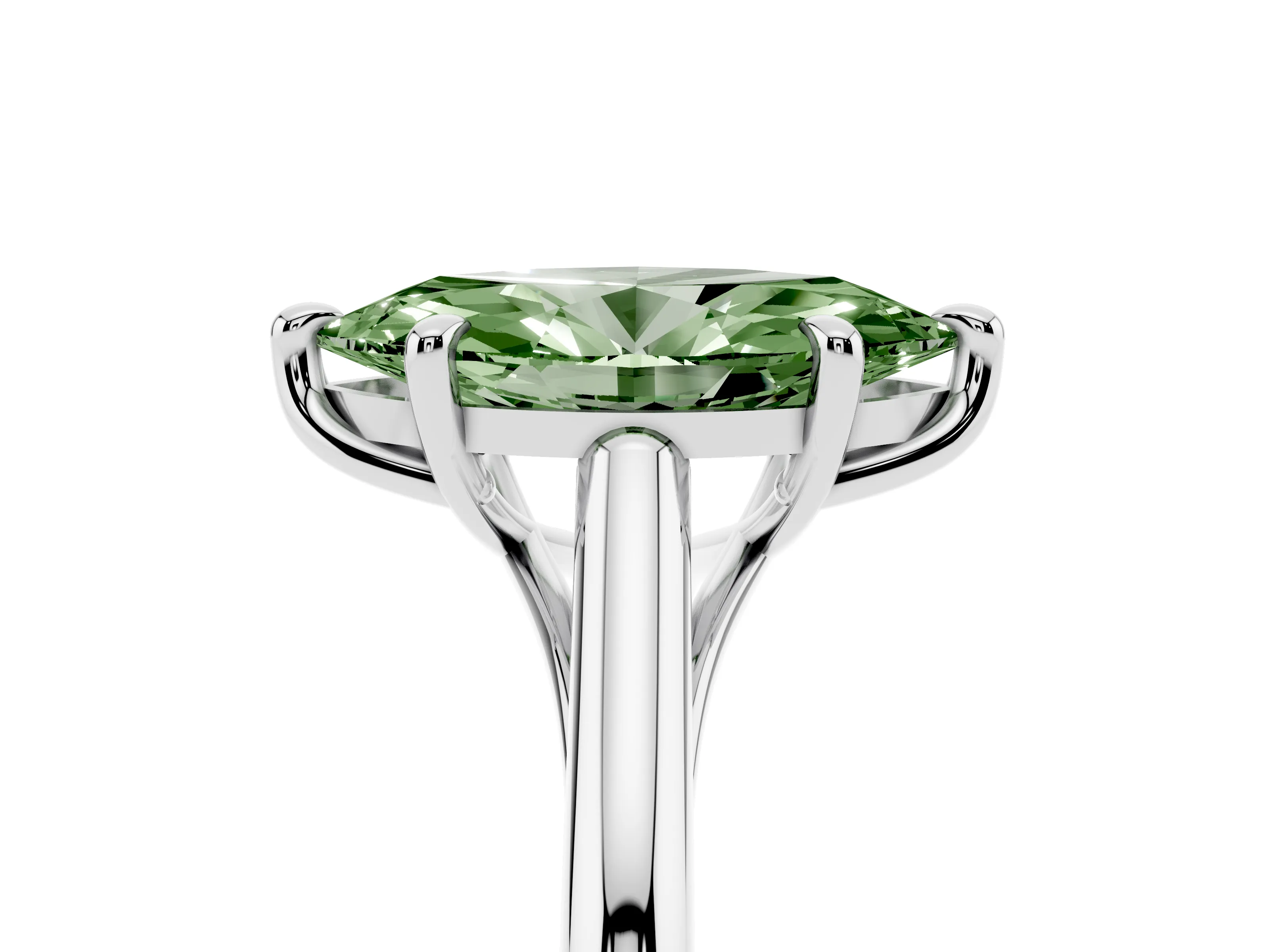 Fancy Green Marquise Cut Diamond Solitaire Engagement Ring Set in Platinum with Prong Setting and Plain Classic Band