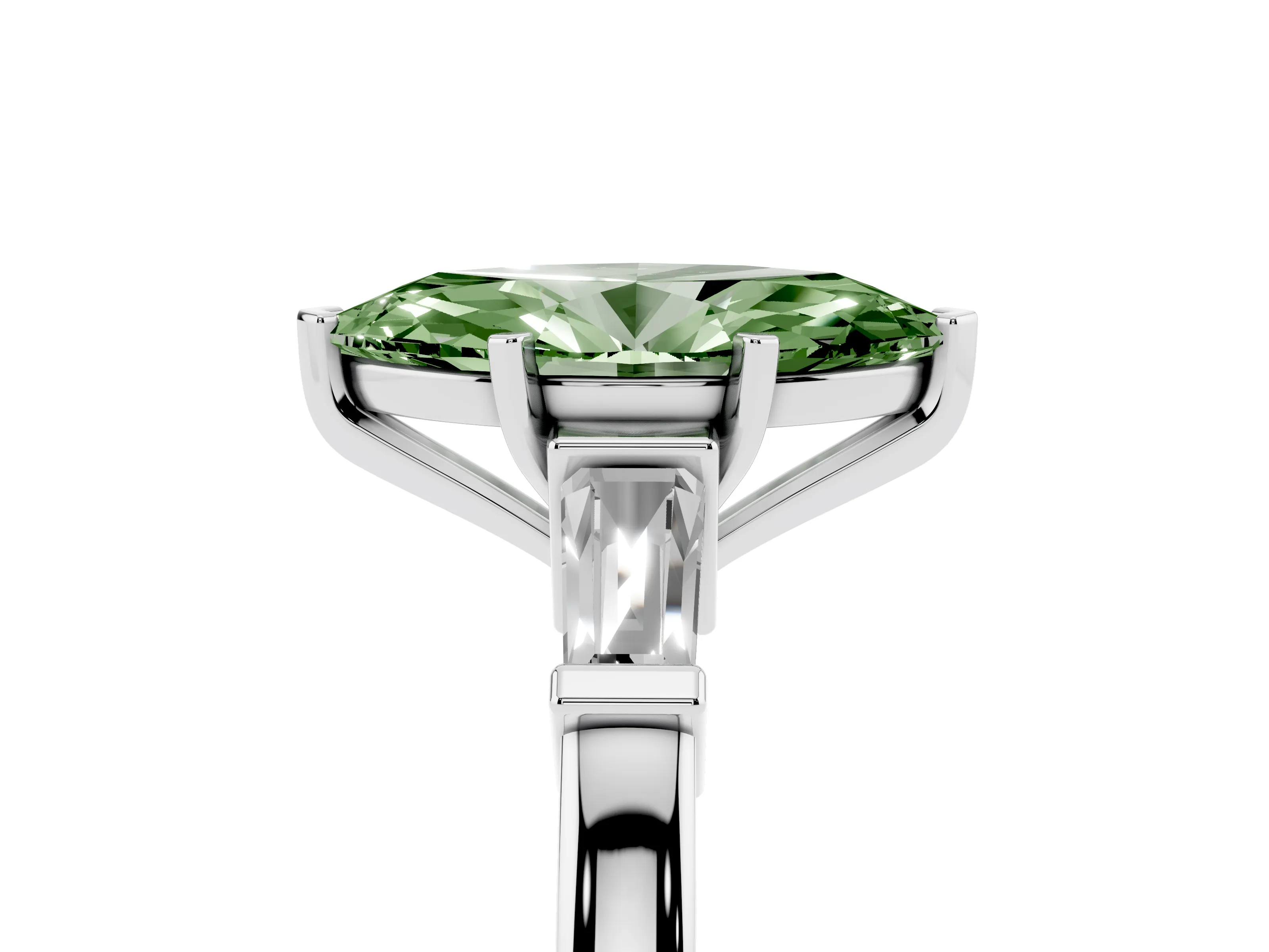 Fancy Green Marquise Cut Diamond Solitaire Ring Set in White gold with Tapered Baguette Accents and Prong Setting